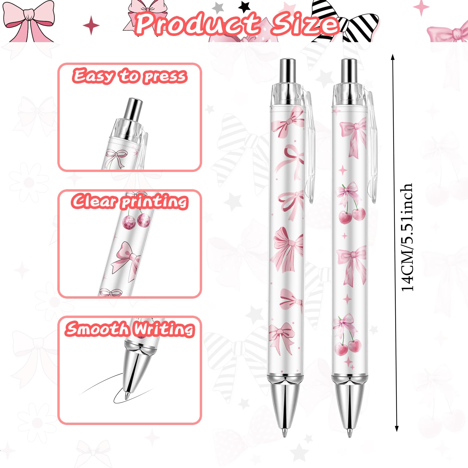 20-Pack Bow Ballpoint Pens - Coquette Aesthetic Retractable Pens With Black Ink For School & Office