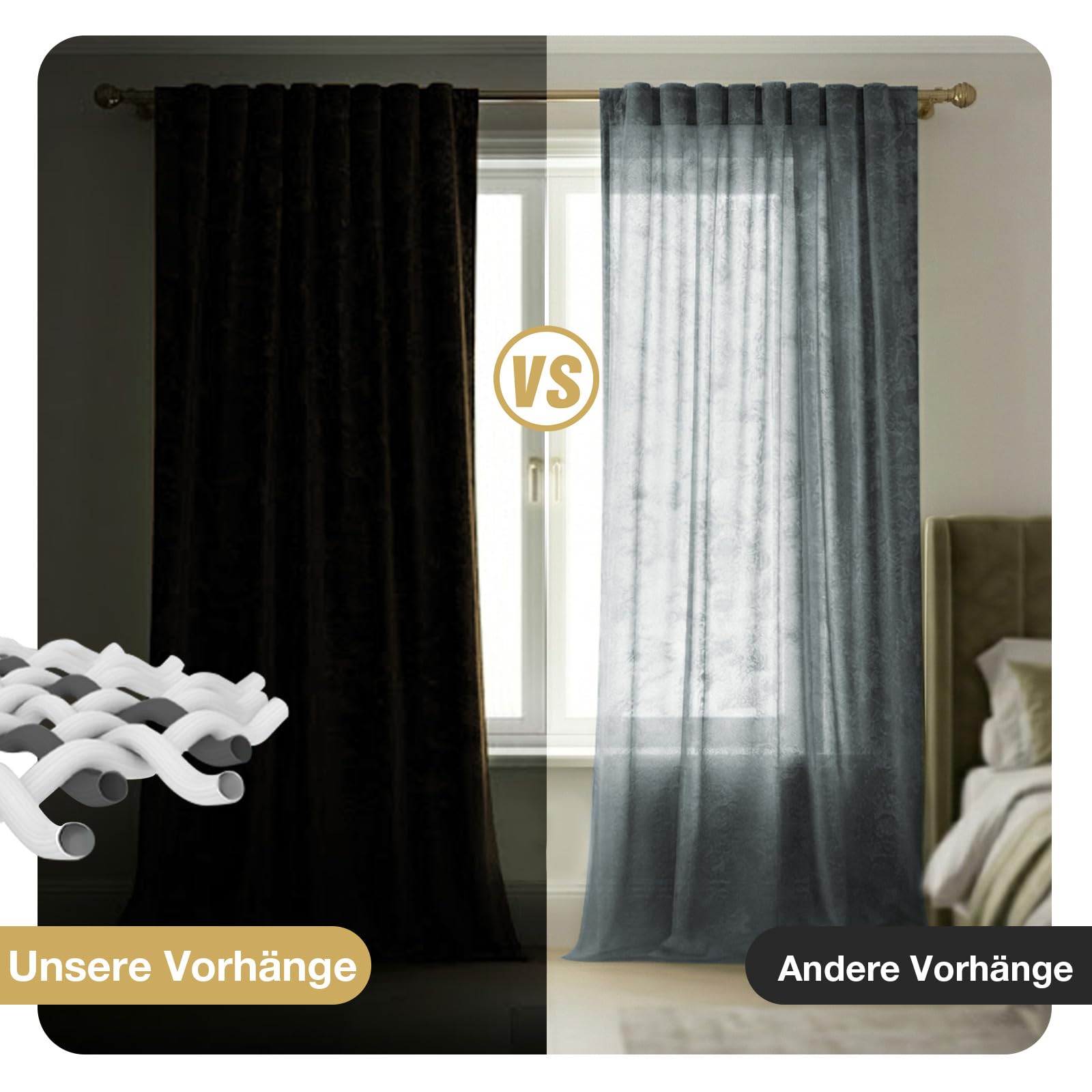 Rosnek Samt Vorhang Blickdicht 2er Set,H274xB132CM Gardinen Kräuselband mit Heißprägen Muster,Thermogardine Verdunklungsgardine mit Multifunktionsband,Braun