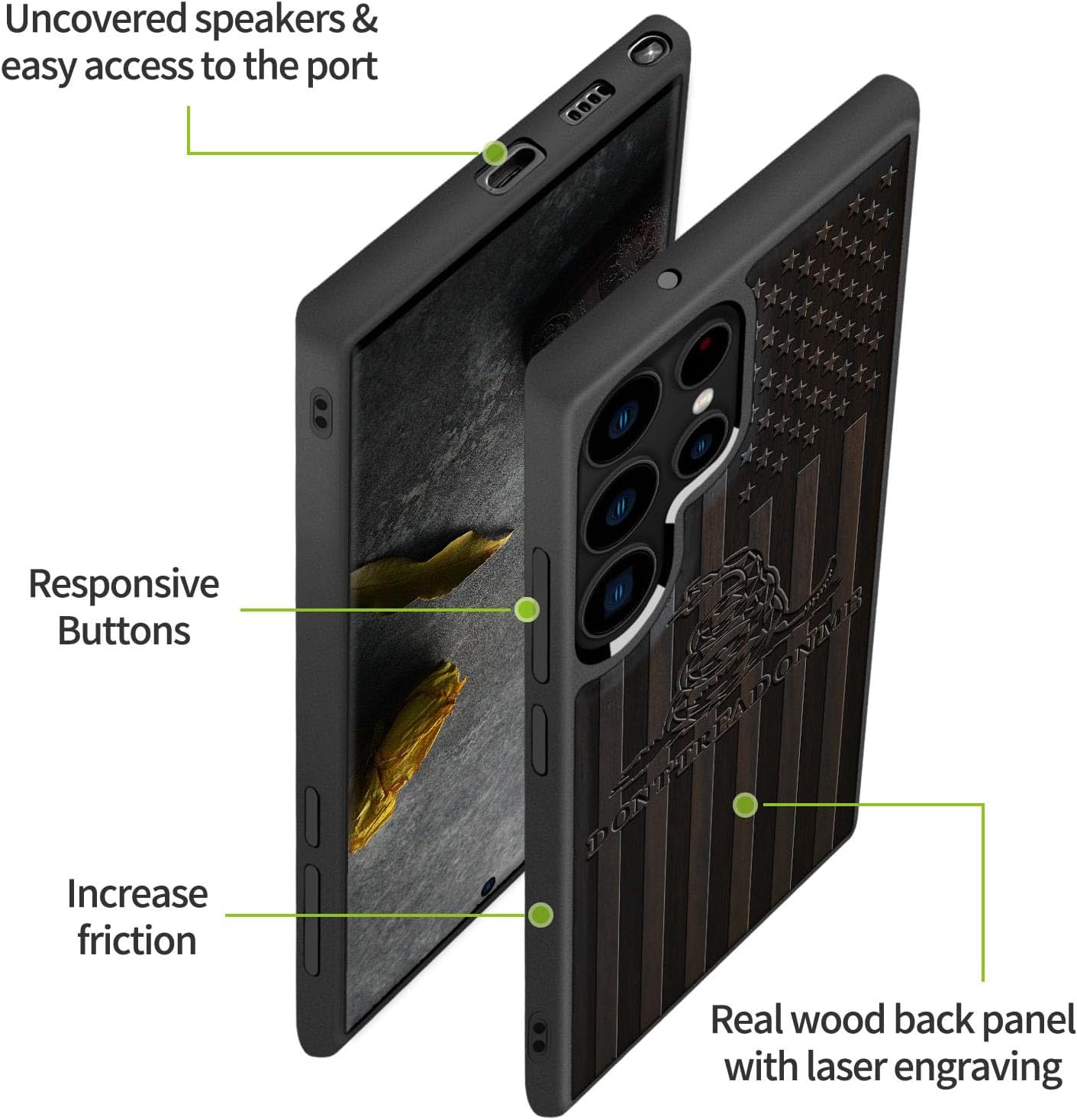 Carveit Wood Case for Galaxy S22 Ultra Case [Natural Wood & Soft TPU] Shockproof Protective Cover Wooden Design Compatible with Samsung S22 Ultra (Gadsden and American Flag-Blackwood)