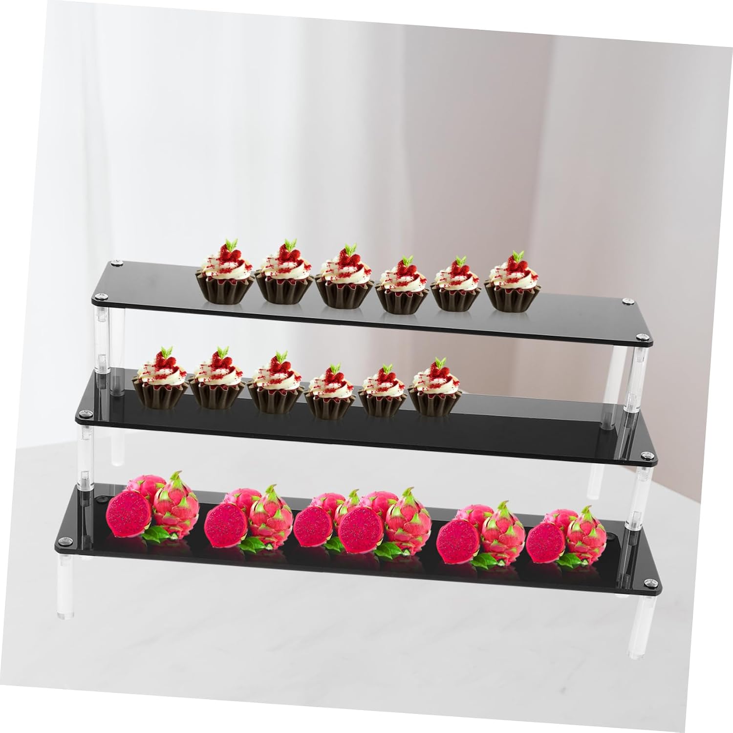 CHILDWEET Tiered Acrylic Display Shelf Organizer for Collectibles Dolls and Craft Shows Sturdy Stand Elegant Design for Desktop Use Black