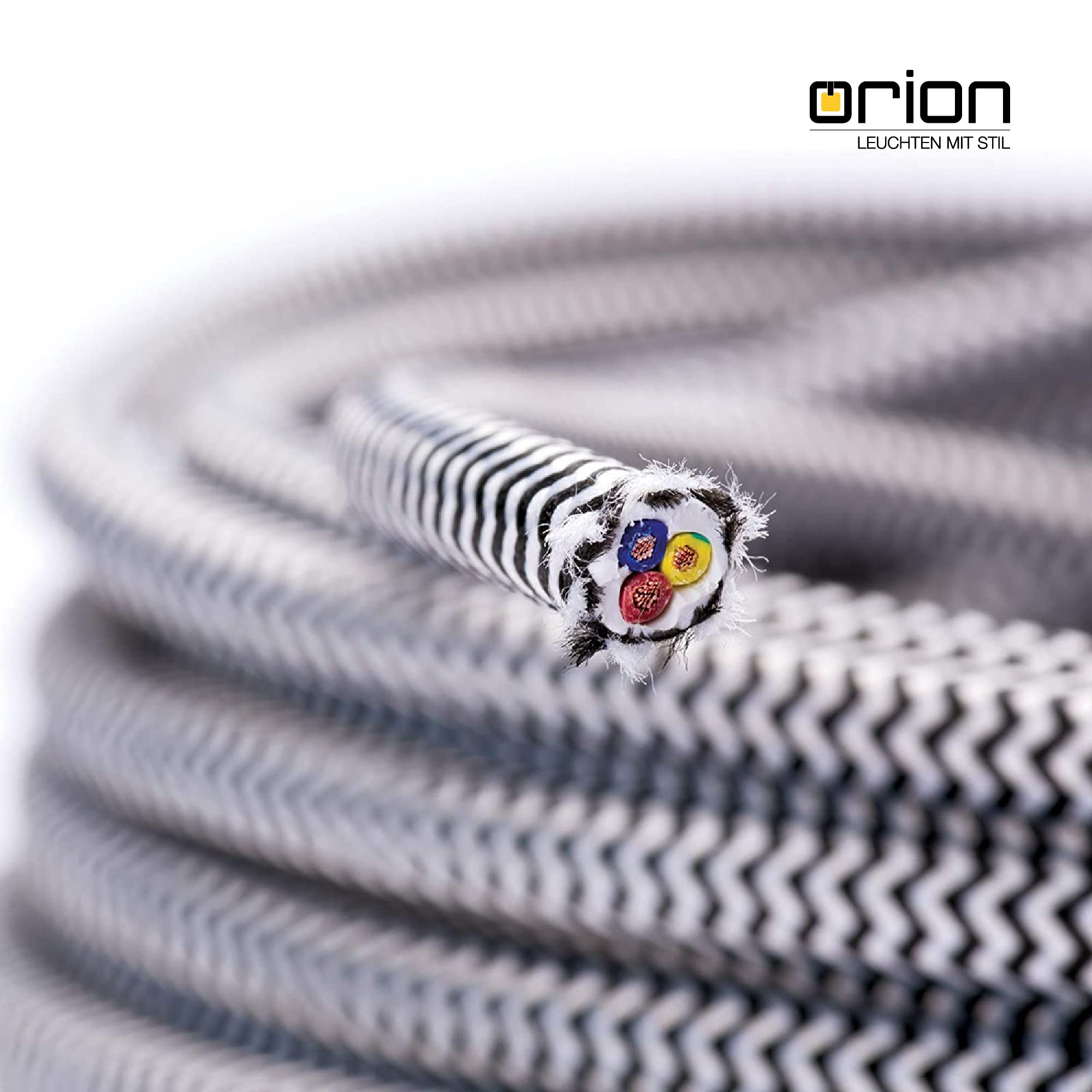 Cable con revestimiento textil, cable de alimentación de 3 hilos, 3 x 0,75 mm², con conductor a tierra, accesorios de lámpara (5 m, Blanco Negro)