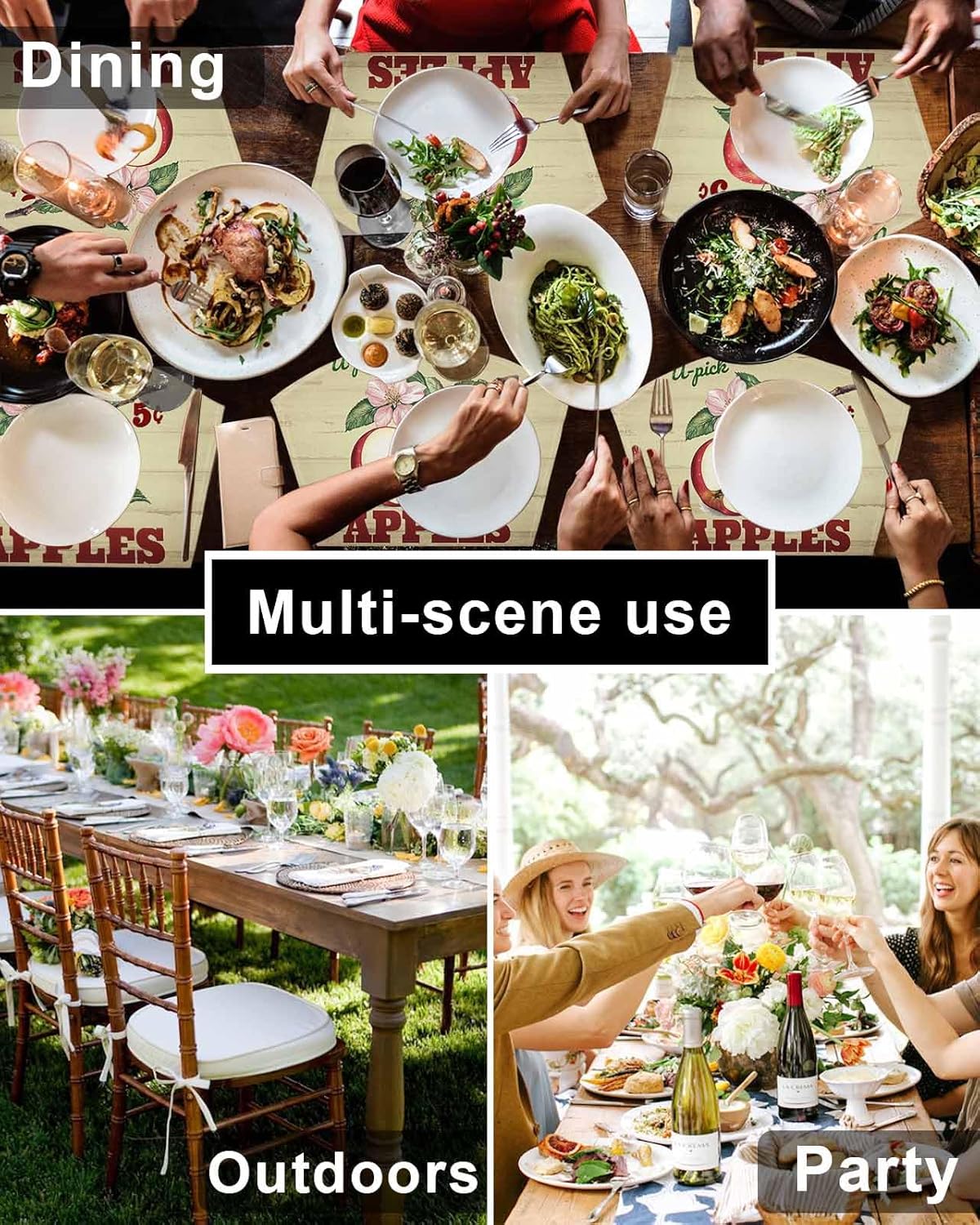 Round Table Placemat Wedge Placemats Set of 4,Sweet Summer Fruit Apples Placemat Washable Table Mats,Retro Shabby Wood Plank Fan Shaped Place Mats for Kitchen Dinner Party Decor