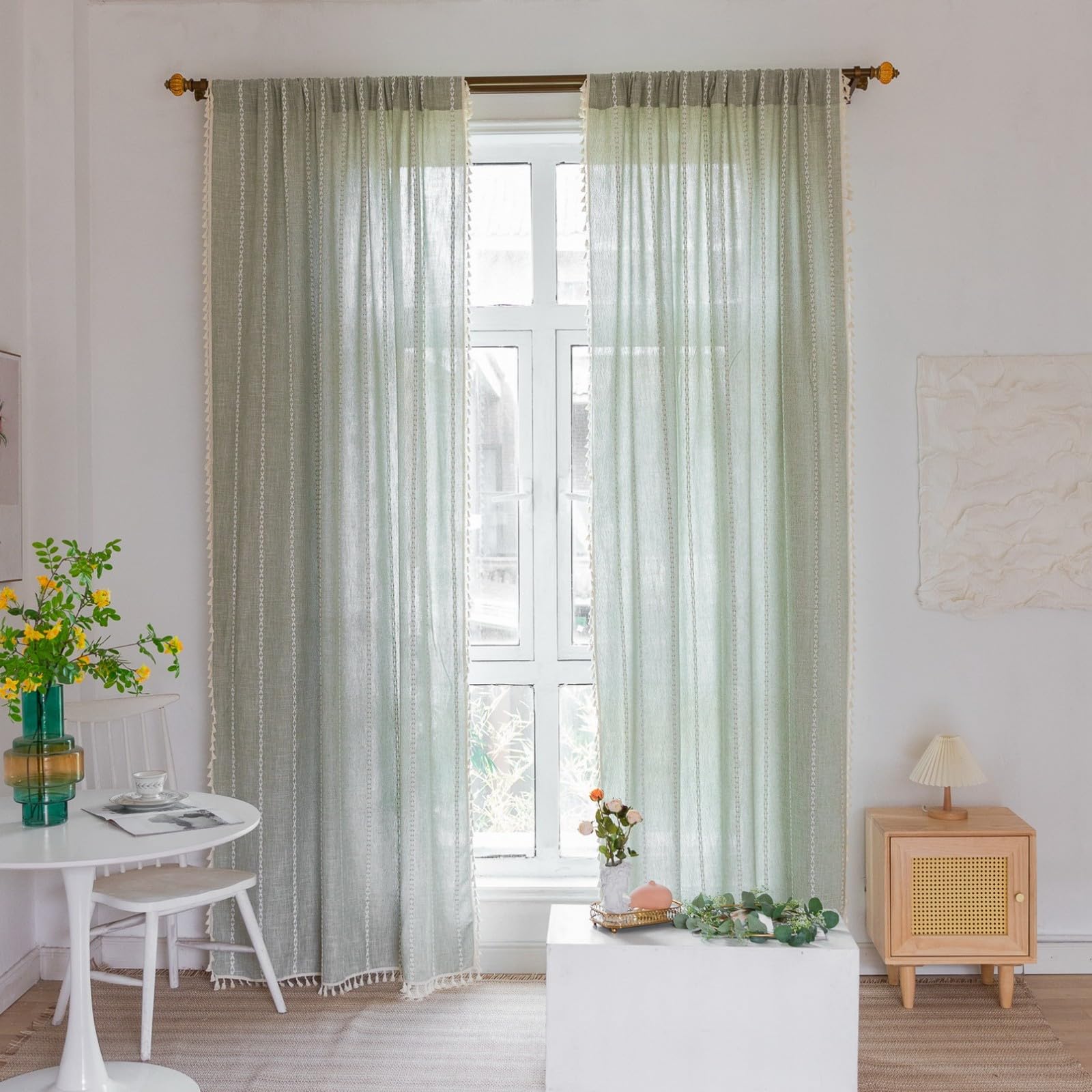 A.Monamour Tenda Interni Traslucido Semi Oscurante Boho Decorativo con Nappe a Righe Effetto Lino Tessuto Spesso Tende a Pannello Porta Finestra per Camera da Letto Soggiorno Cucina, 1 Pezzo, verde