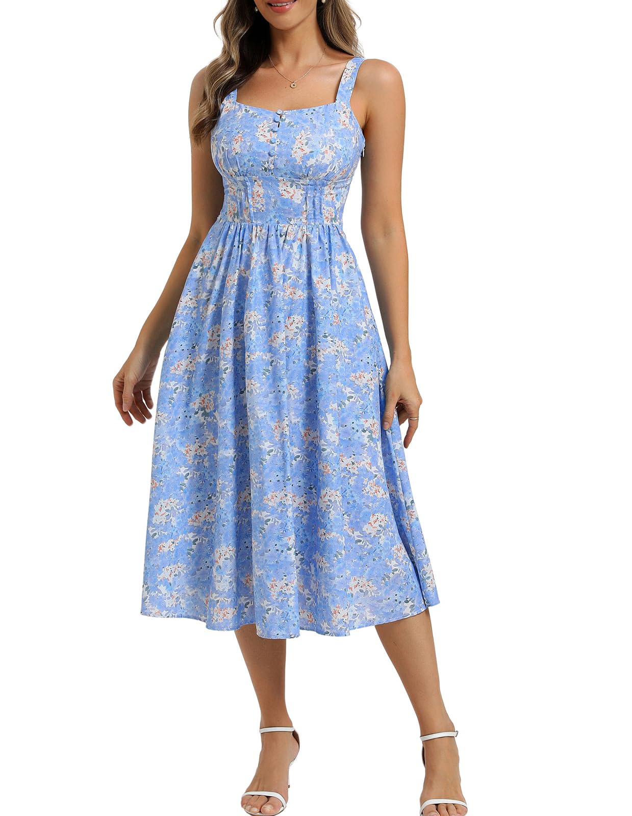 Belle Poque 2026 Summer Floral Dress for Women Sleeveless A-line Sundress Elegant Midi Flowy Beach Dress with Pockets