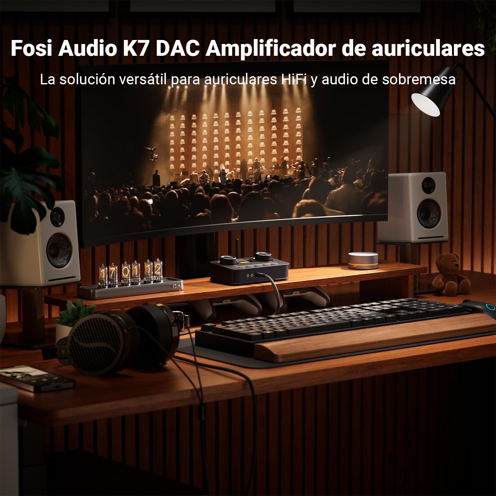 Fosi Audio K7 DAC Amplificador de Auriculares, Convertidor de Audio Digital a Analógico USB C de Escritorio para Espacio de Trabajo y Juegos PC PS5, OPT/COA/Bluetooth aptX HD LL/Entrada (Negro)