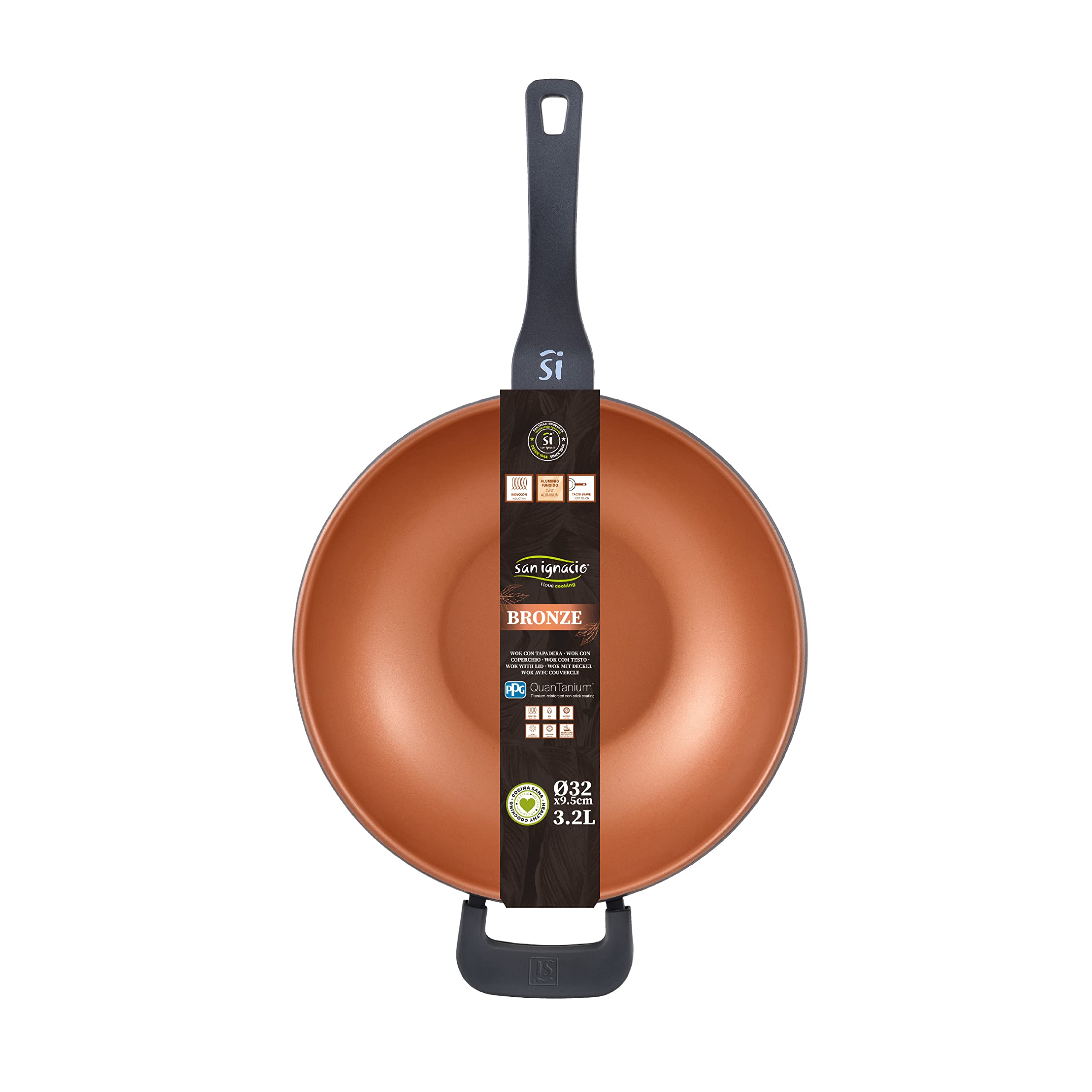SAN IGNACIO Bronze - Wok de Cocina de 32 cm Antiadherente de Aluminio Fundido - Mango Soft Touch - Sin Tóxicos - Para Inducción, Vitroceramica y Todo Tipo de Cocinas