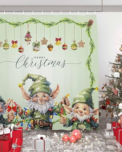 Miniatura 2 de Vandarllin Cortina de ducha de Feliz Navidad, juego de cortinas de ducha de gnomo de elfo de Navidad verde con ganchos, bolas de Navidad, cortinas