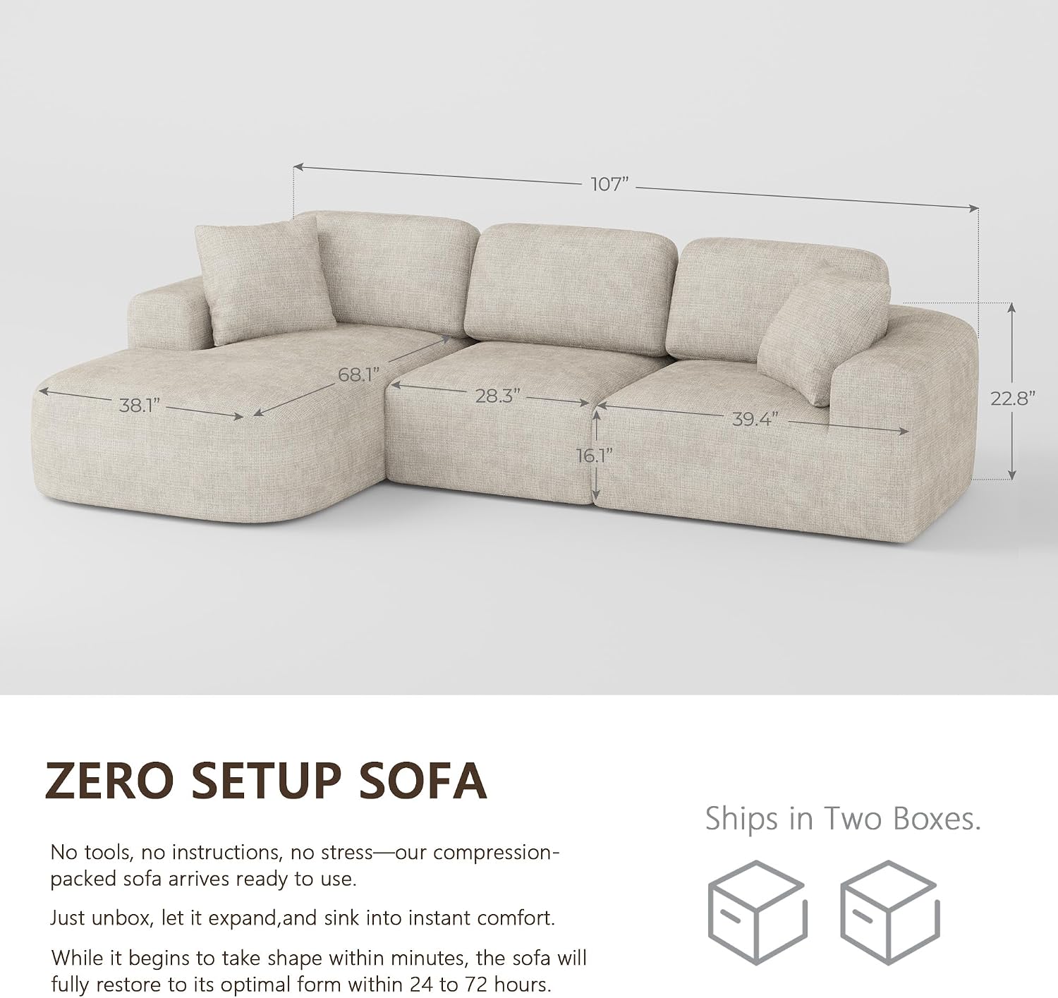 Dowinx 107 Modular Sectional Sofa Bouclé-Inspired Convertible L-Shaped Oatmeal Beige