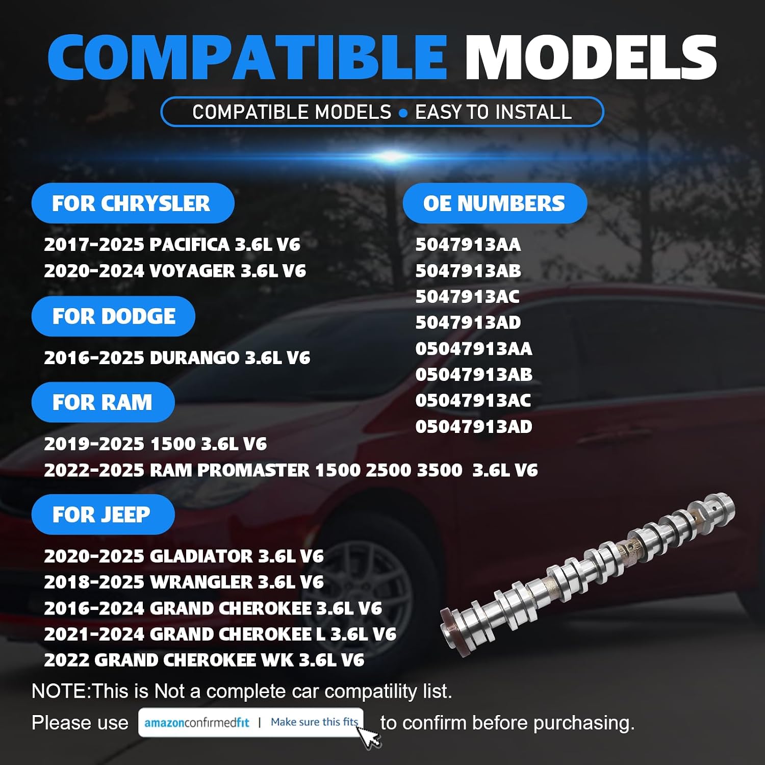 5047913AD Right Side Intake Camshaft for Chrysler Pacifica Voyager for Dodge Durango for Ram ProMaster 1500 2500 3500 for Jeep Gladiator Wrangler Grand Cherokee L WK 2016-2025 3.6L