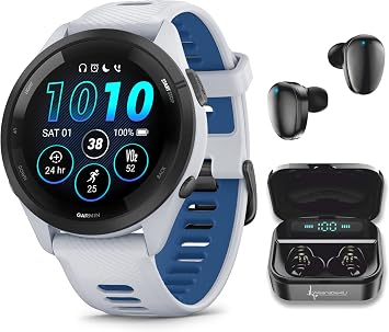 Garmin Forerunner 265 Music GPS Running 46 mm Smartwatch, Whitestone with AMOLED 1.3 in Touchscreen Display Black Earbuds Bundle, White +Blk EarBuds