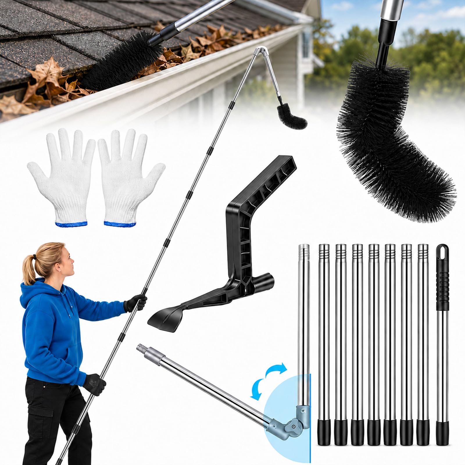 14FT/4.3M Gutter Cleaning Tools with 11 Poles Telescopic & Leaf Shovel
