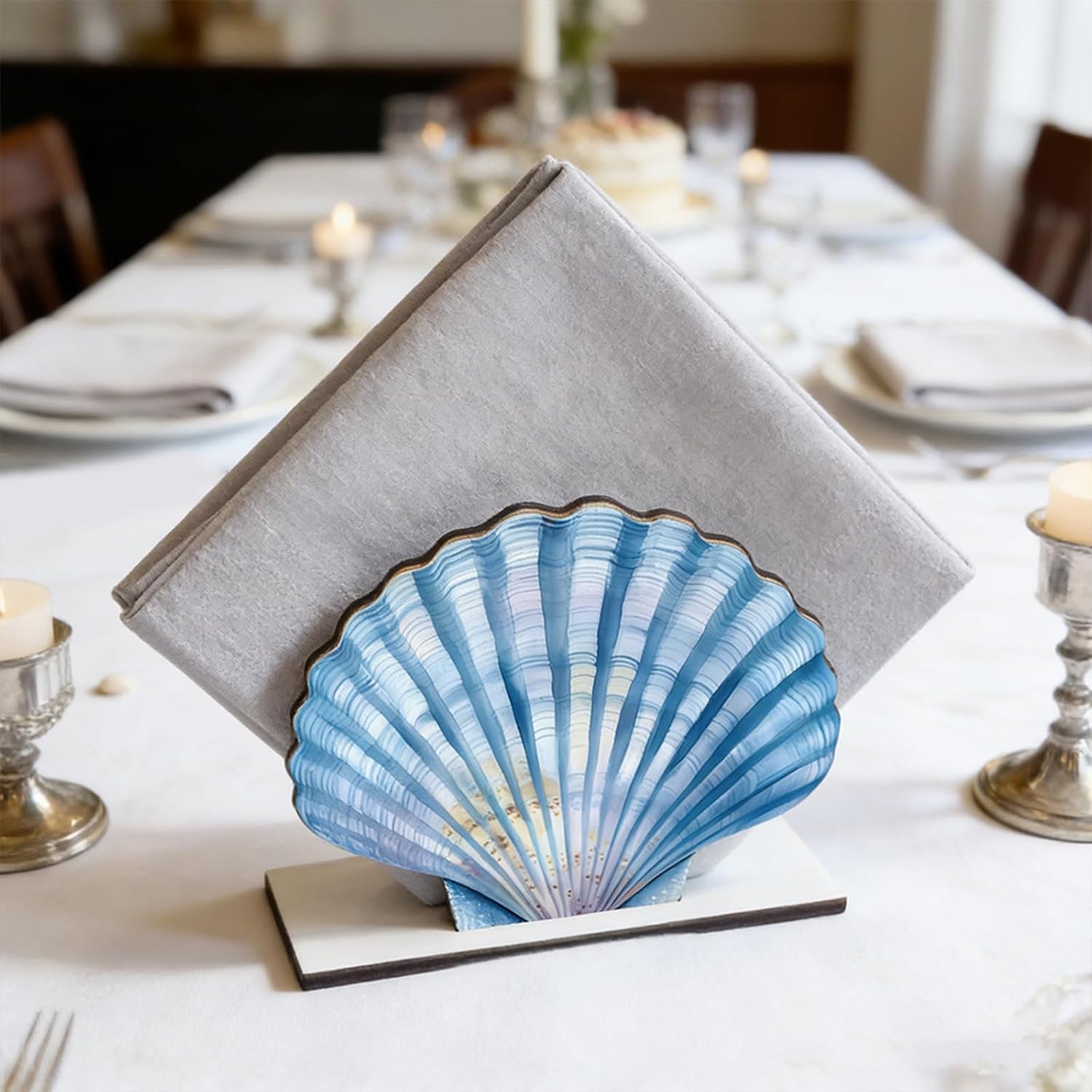 Artisanal Wooden Napkin Holder with Oceanics Lighthouse Shell and Starfishes Accent Wooden Napkin Holder