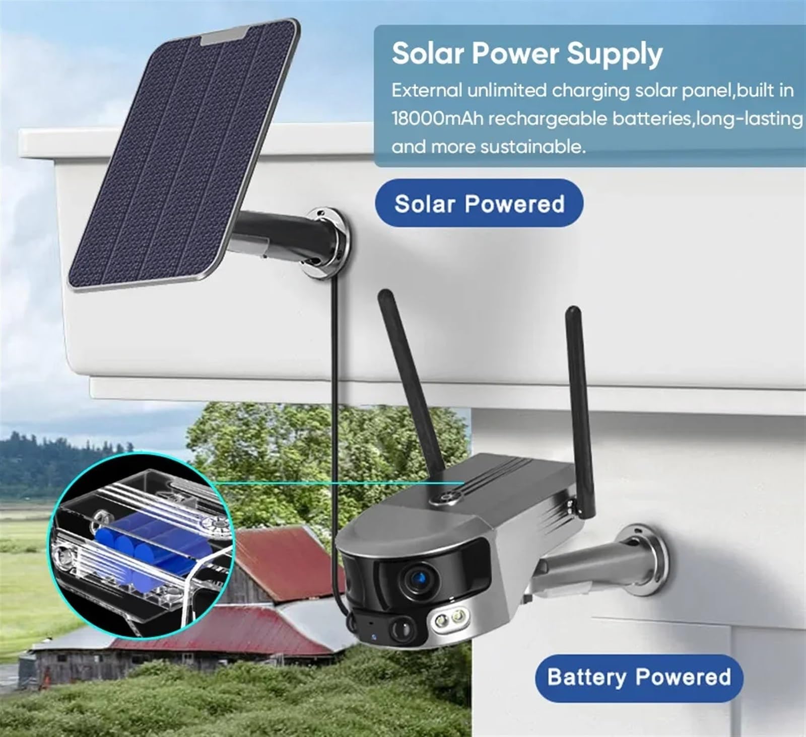 Caméra de sécurité, 8MP 4G caméra Solaire extérieure HD Double lentille 4X Panneau détection Humaine PTZ de sécurité Couleur Vision Nocturne caméras IP(4K WiFi No Card)