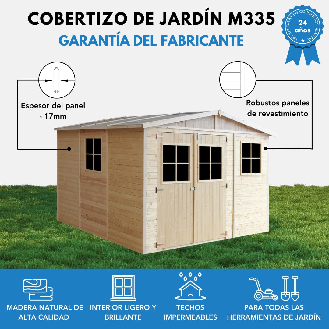Cobertizo de Madera para jardín - A226x324x316cm/9m2 Cobertizo de Madera Natural - Taller de Jardín - Bicicleta, Almacenamiento de Herramientas TIMBELA M335