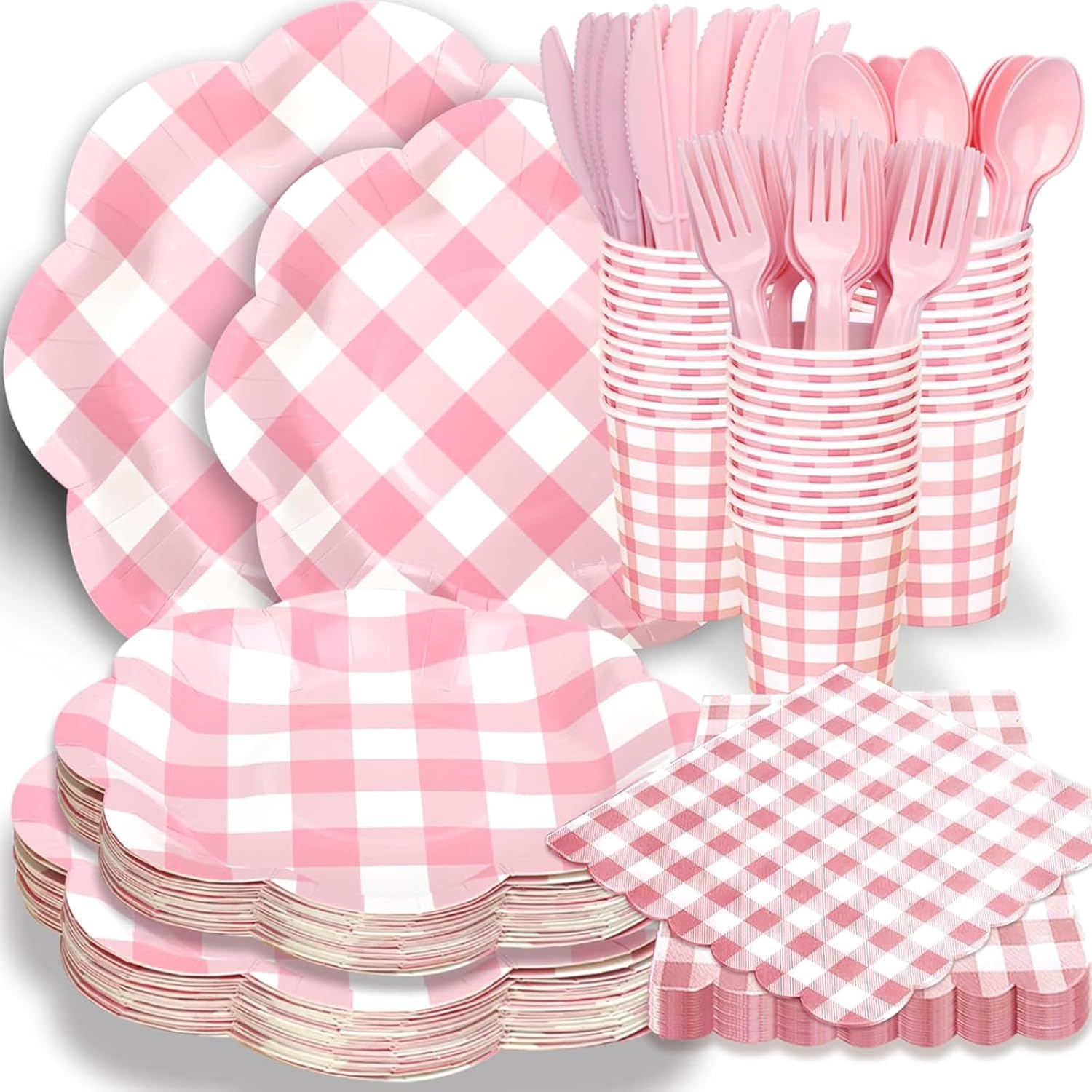 175pcs Gingham Party Supplies for 25 Guests Thick Pink Paper Plates and Napkins Knives Spoons Forks Cups Disposable Party Utensils for Baby Shower Birthday Picnic Wedding