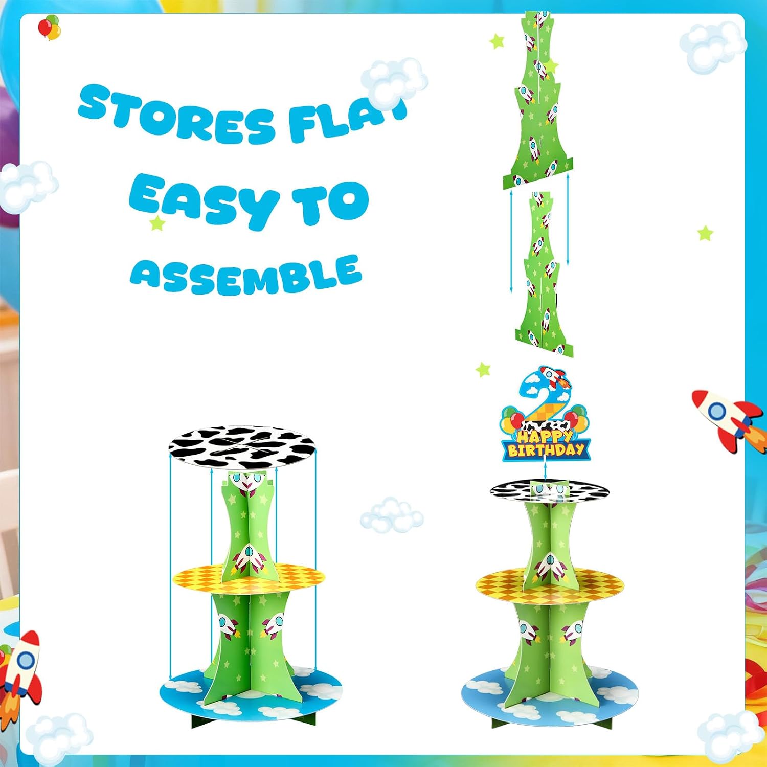 Blulu Three-Tier Cartoon Story Cupcake Stand with Number 2 - Cardboard Cake Stand, Dessert Tower for Toy Theme Birthday Decorations, Baby Shower Party Supplies image 3