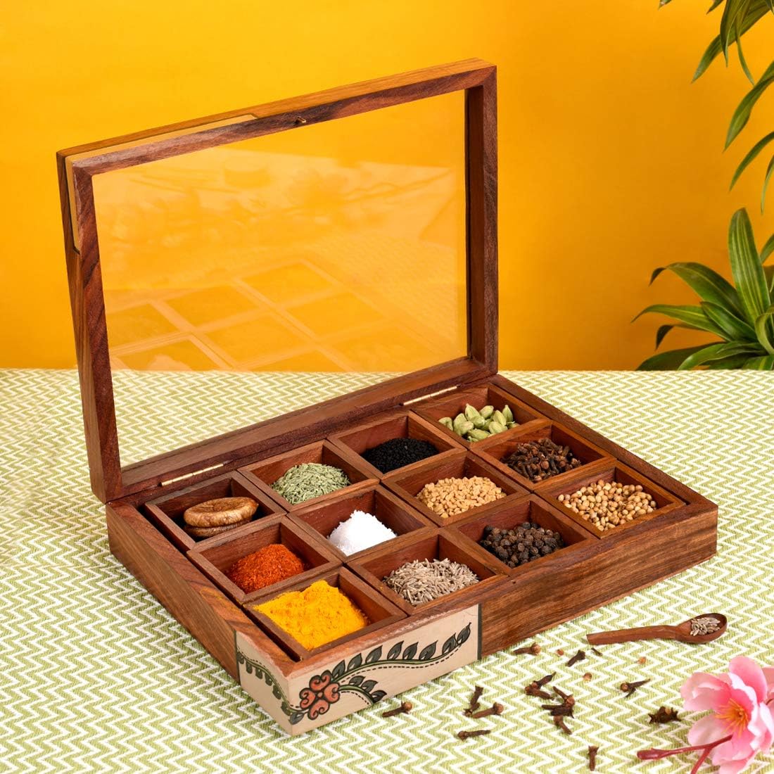Aakriti Art Creations Sheesham Wood Utility-Masala / Spice Box with Spoon and 12 mini Boxes - Hand painted with Madhubani Motifs