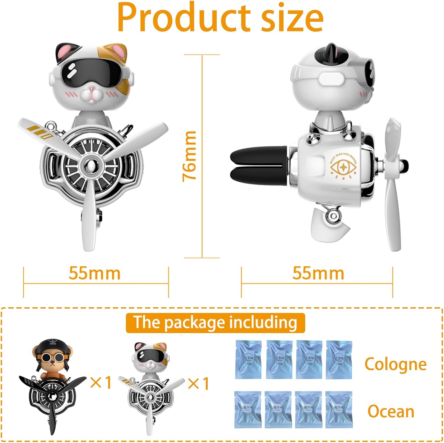 2Pcs Car Air Fresheners, Cute Bear Pilot Automotive Air Outlet Creative Car Perfume Diffuser, Automotive Accessories Air Vent Decoration with 8 Fragrant Tablets (Silver 3+Black 4)