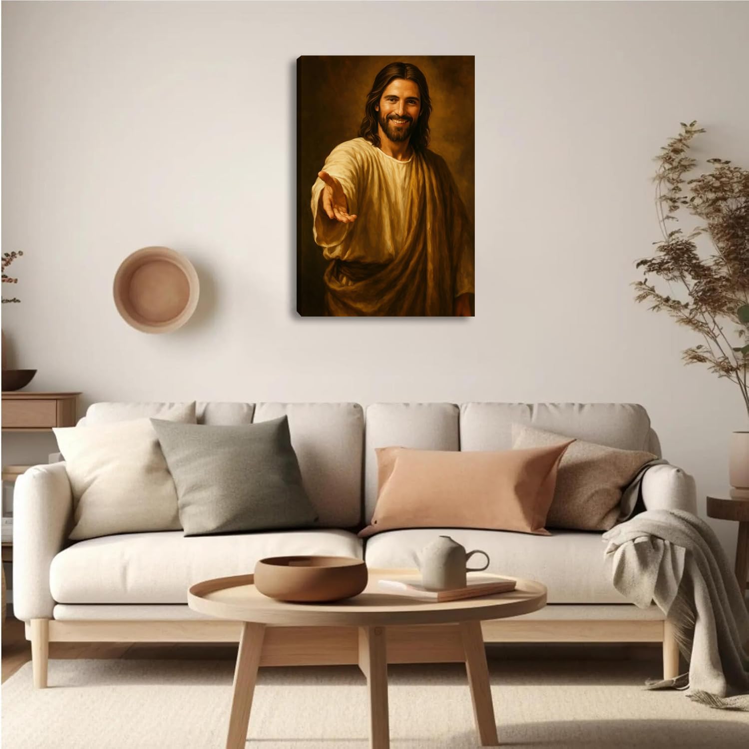 Jesus Smiling Reaching Canvas Wall Art Decor, Christain Savior Painting Poster, Jesus Laughing Holding Out His Hand Pictures for Wall Living Room Bedroom Church Home Decoration 16*24 in (Stretched Canvas on A Wooden Frame)