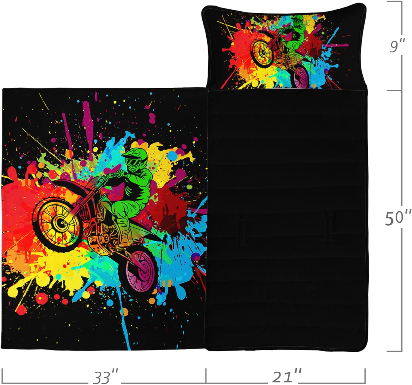Axolotl Motocross Nap Mat with Pillow and Blanket, Colorful Motor Vehicles Biker Rolled Portable Sleeping Mat, Dirt Bike Sleeping Bag for Teens, Extreme Sports Slumber Bag for Traveling, 50" L*21" W