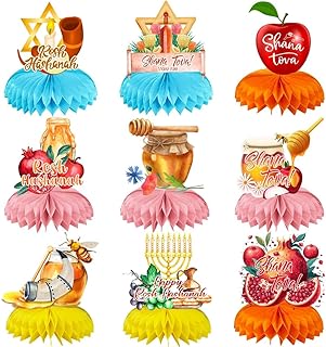 9 PCS Rosh Hashana Decorations Honeycomb Table Centerpieces,Shana Tova Apple Honey Pot Red Pomegranate Table Topper Sign for Rosh Hashana Jewish New Year Party Decoration