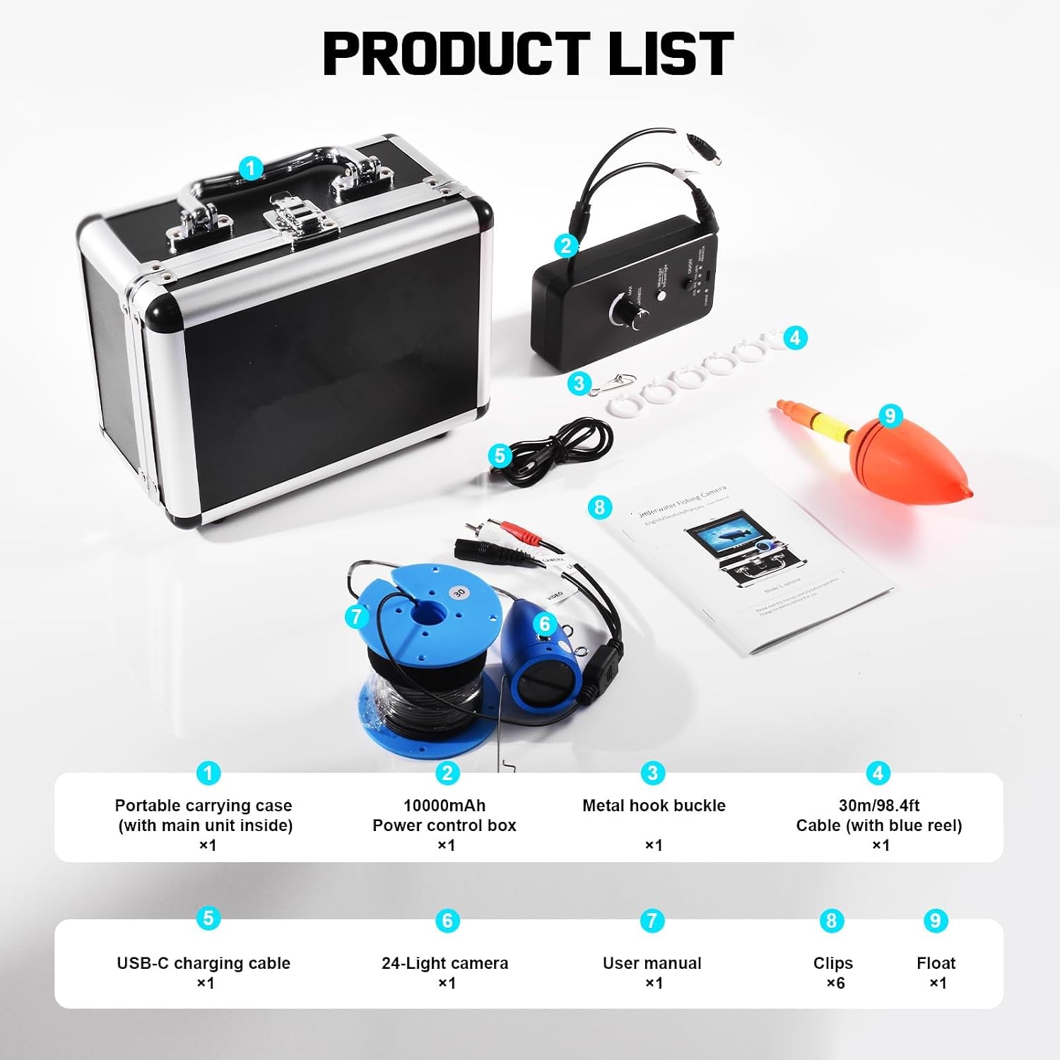 1200TVL HD Underwater Ice Fishing Camera with 7inch Monitor,98.4ft/30M Cable,10000mAh Fish Finder with 24pcs LED Lights,12pcs Infrared Night Vison,12pcs White Lights,Aluminium Case for Lake,Fish Boat