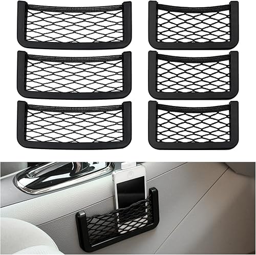 Miniatura 7 de 2 unidades de red para teléfono de bolsillo para automóvil, bolsa de red de almacenamiento lateral universal para asiento con cinta de doble cara,