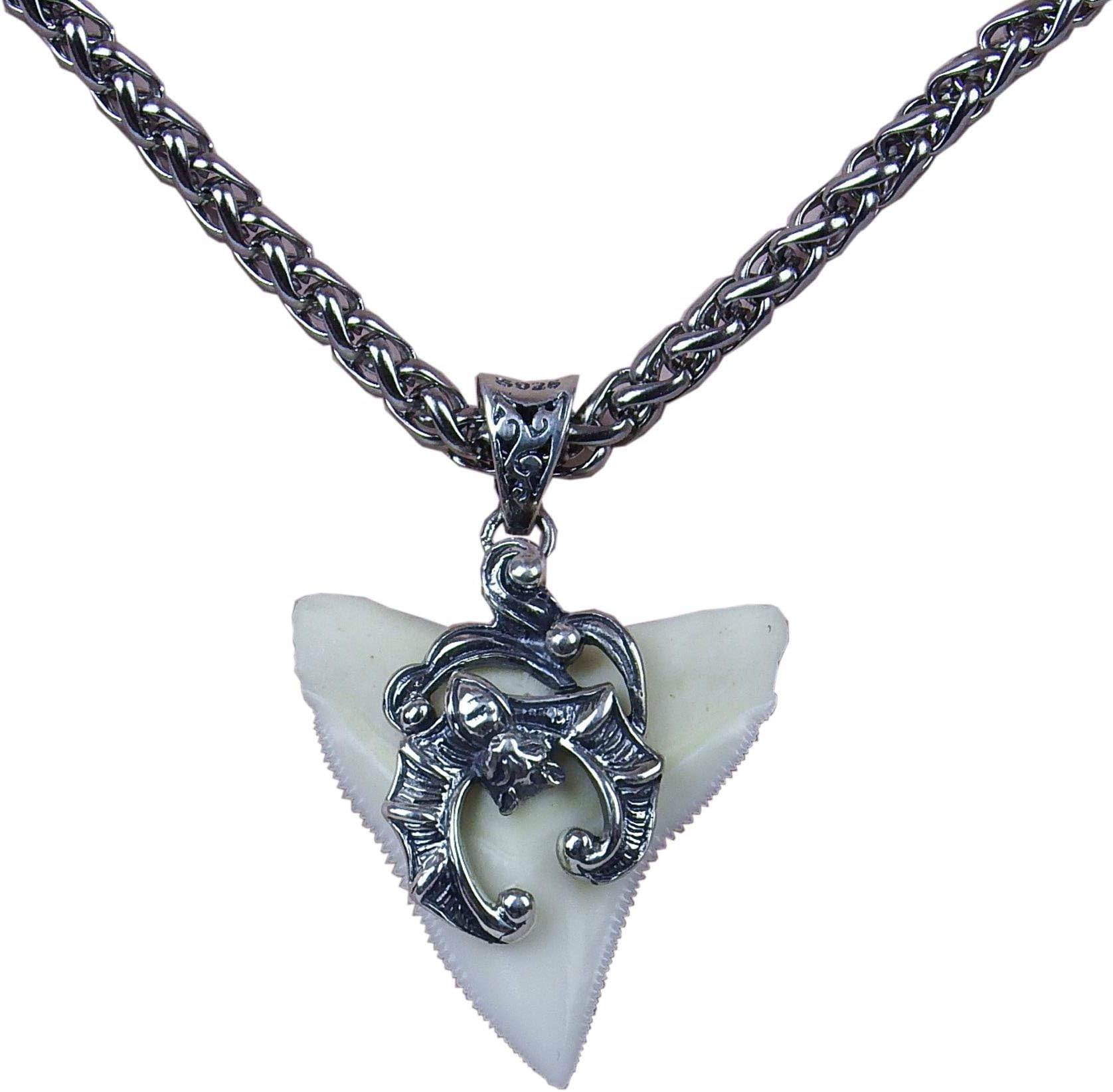 GemShark Silver Shark Tooth Necklace for Men Beach Dangle Pendant Also for Bracelet Beads Ocean Surf Jewelry Designed Vintage Bat Thai GemSharkBLTG bat Capping (1.0'' Tooth GemBL)