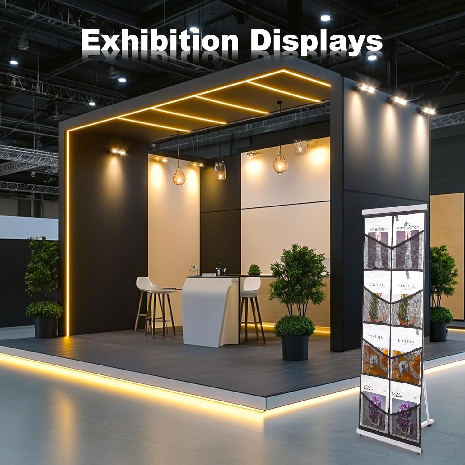 PATIKIL 2 Pack Portable Magazine Display Racks Floor Standing Double A4 8 Mesh Pockets Brochure Stand Catalog Literature Holder for Hotel, Exhibition, Office, Gray