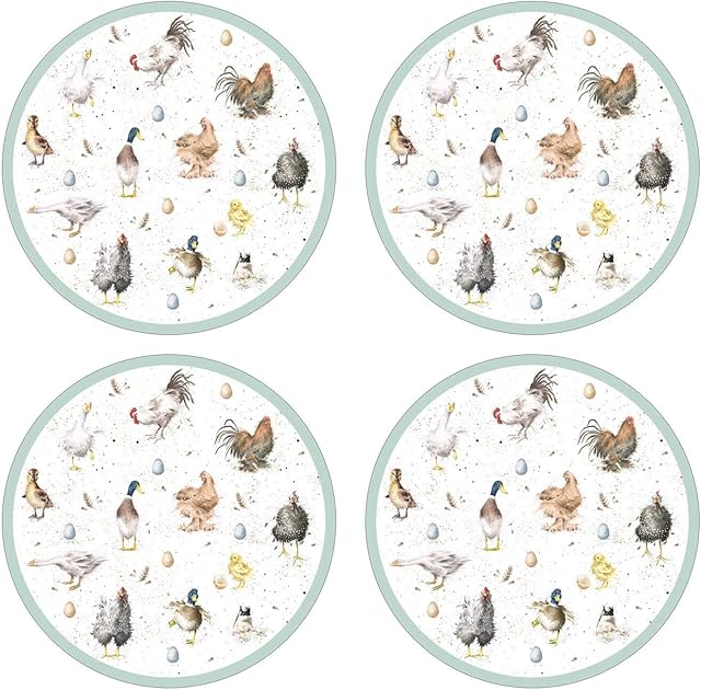 Portmeirion Home & Gifts Wrendale Designs Farmyard Feathers Round Placemat S/4 (s), Wood, Multi, 31x31x0.58 cm