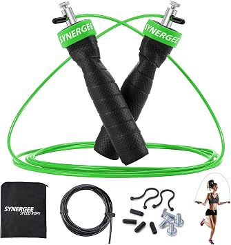 Synergee Electric Green Speed Jump Rope - 2 Adjustable 10 Ft Cable - Steel Ball Bearings - for Crossfit, MMA, Boxing & Fitness, Anti-Slip Handles.