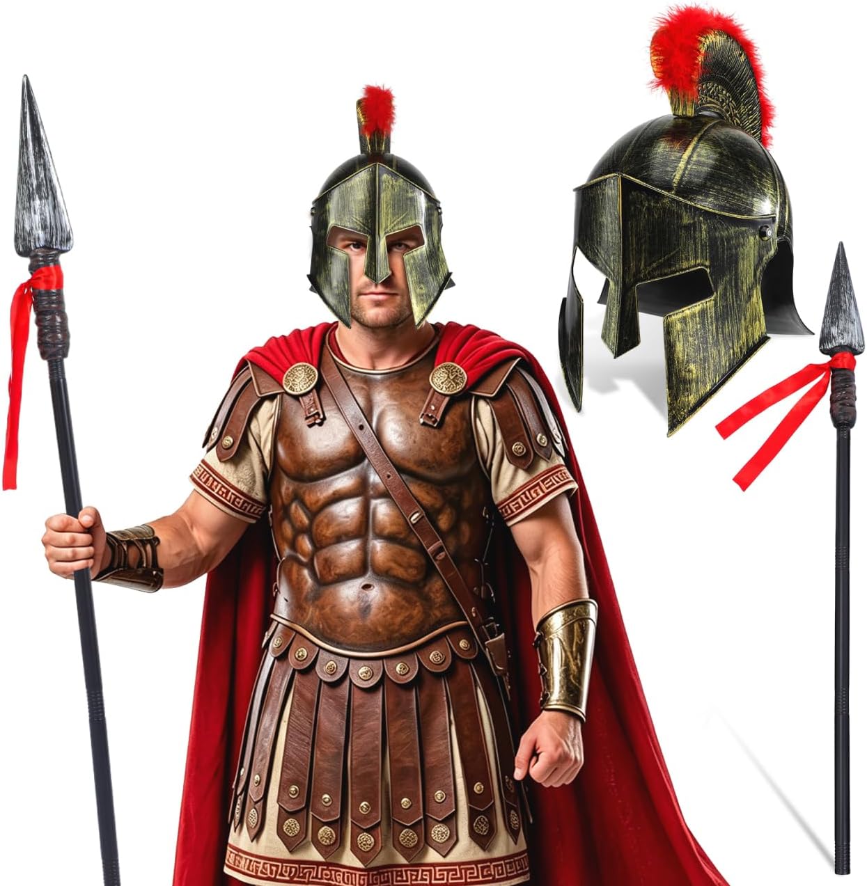 Abaodam Roman Knight Helmet and Spear Prop, Roman Soldier Costume Accessories Set Spartan Spear for Men Halloween Costume Party, and Festival