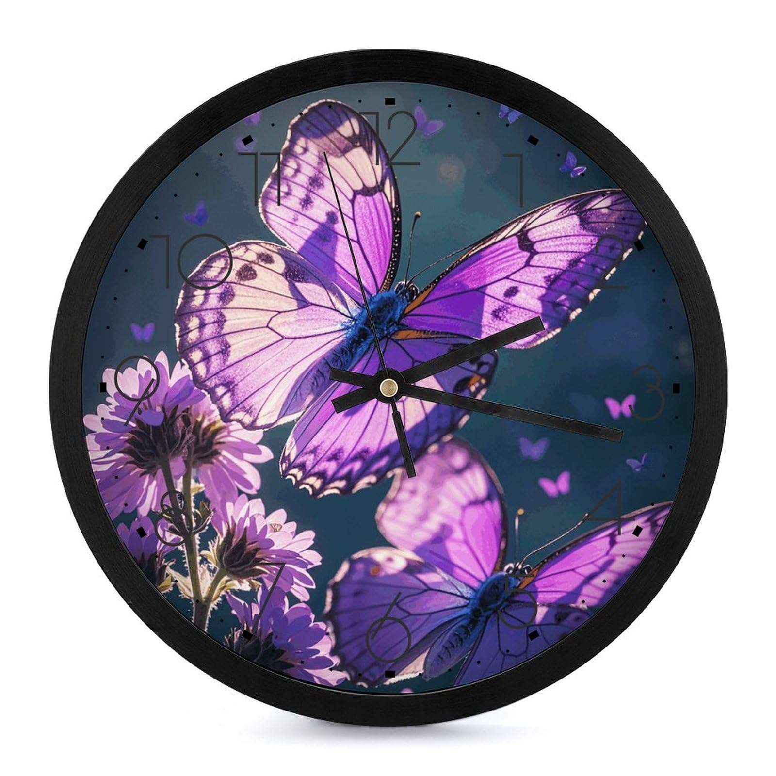 Horloge murale numérique moderne 25,4 cm ronde à piles avec motifs papillons violets