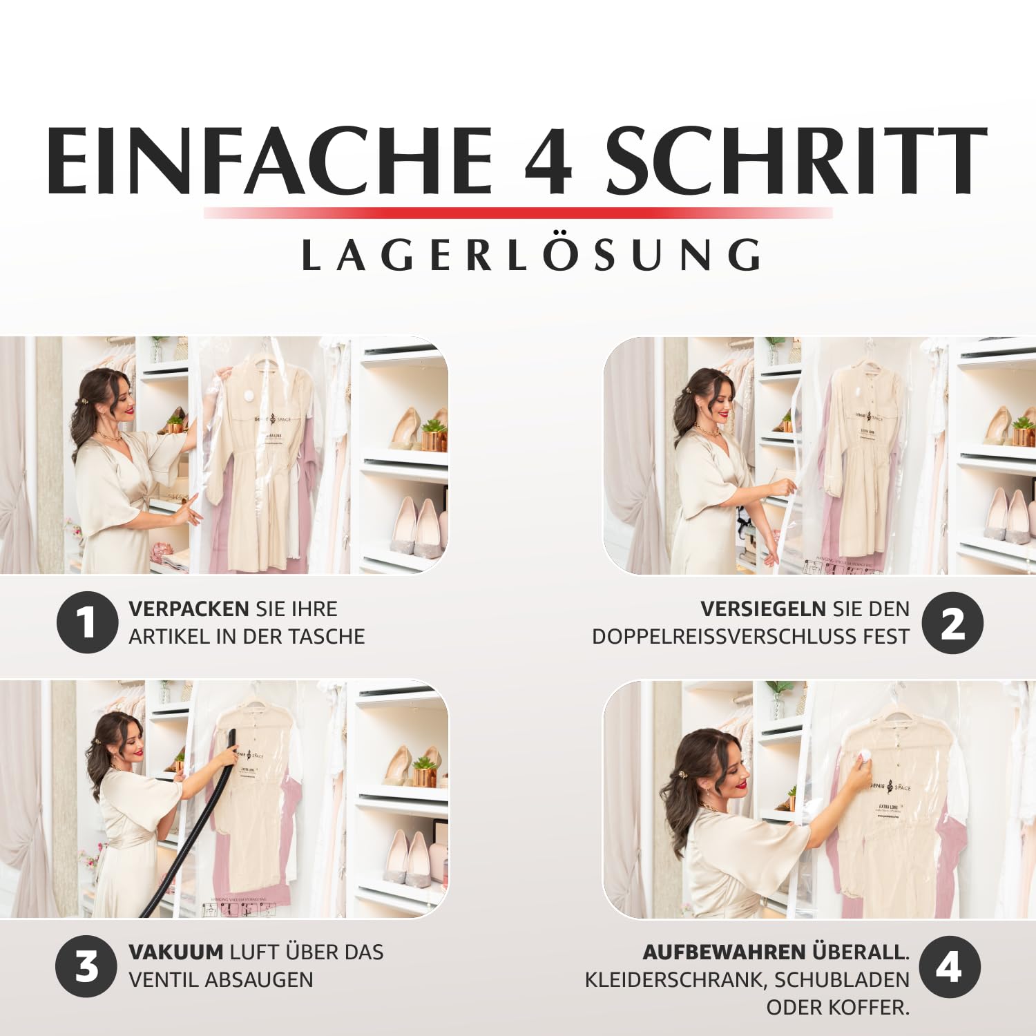 GENIE SPACE Premium Vakuumbeutel zum Aufhängen für Kleidung, Anzüge & Kleider – 5er Pack REGULAR (105×70 cm), Luftdicht, Geruchsdicht & Wiederverwendbar – Doppelt versiegelt, mit Handpumpe