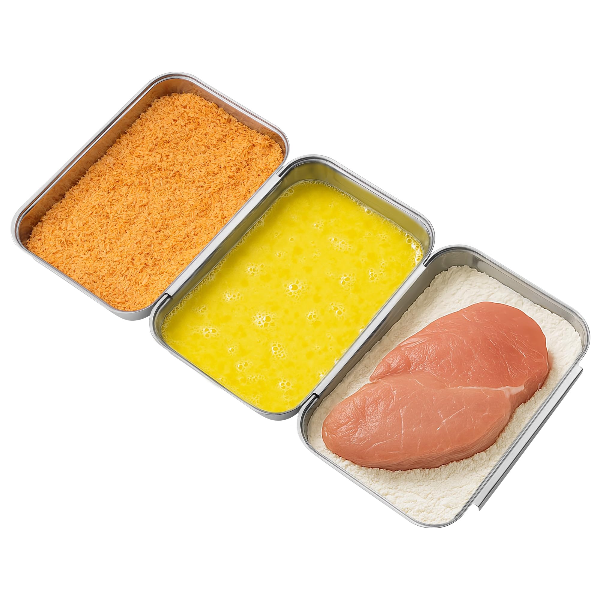 navaris breading trays set - toaster oven pan - 3 stainless steel trays for food - stainless steel tray for bread crumb dishes panko schnitzel - breading tray for fish and meat