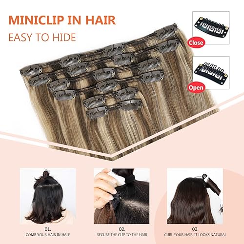 Miniatura 4 de XDhair Extensiones de cabello humano Remy con pinzas, color marrón medio #4 mezclado a rubio caramelo #27, cabello real de seda, 3.53 onzas, 6