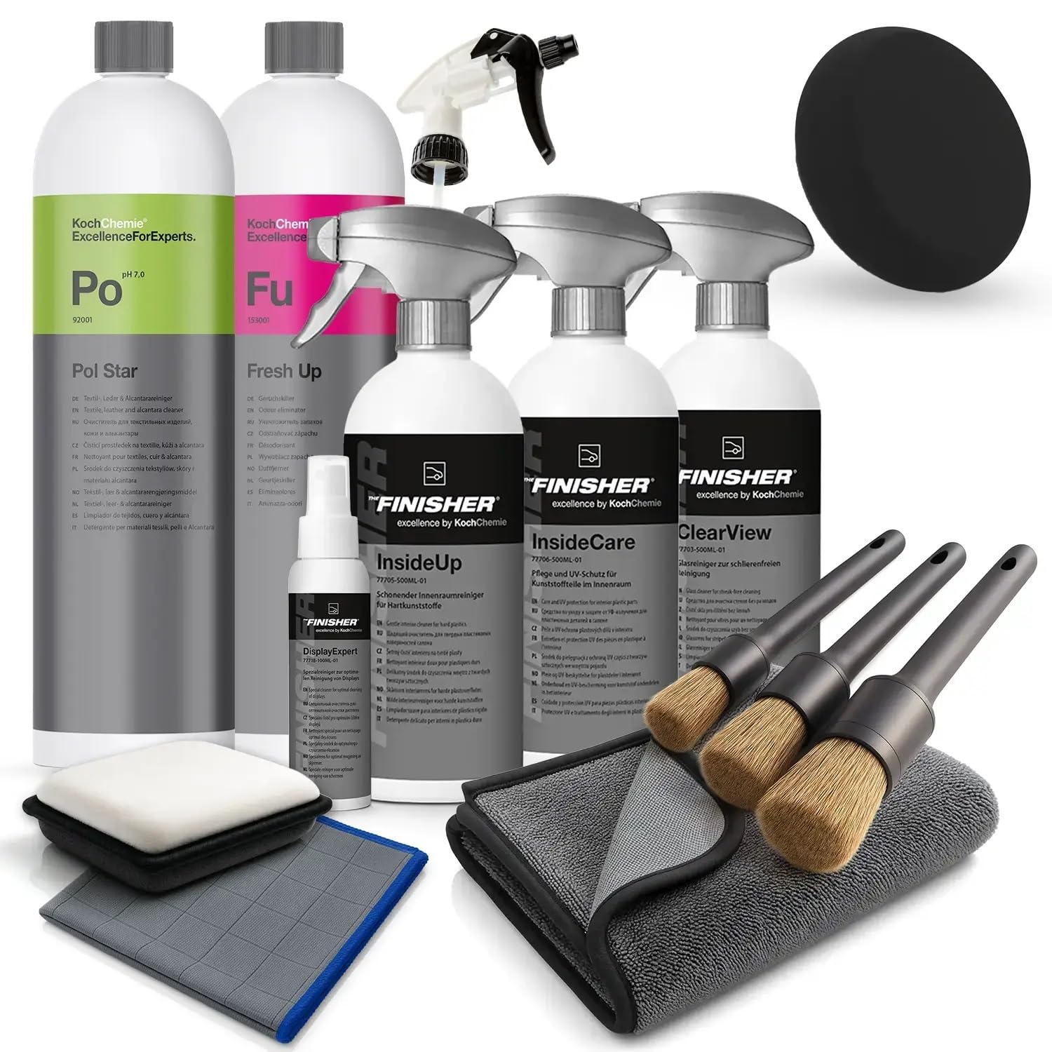 Koch Chemie - Set di accessori per interni dell'auto, per riparare la cura dell'abitacolo, fresh up, Speed Glass Cleaner, spazzola per interni, panno asciutto