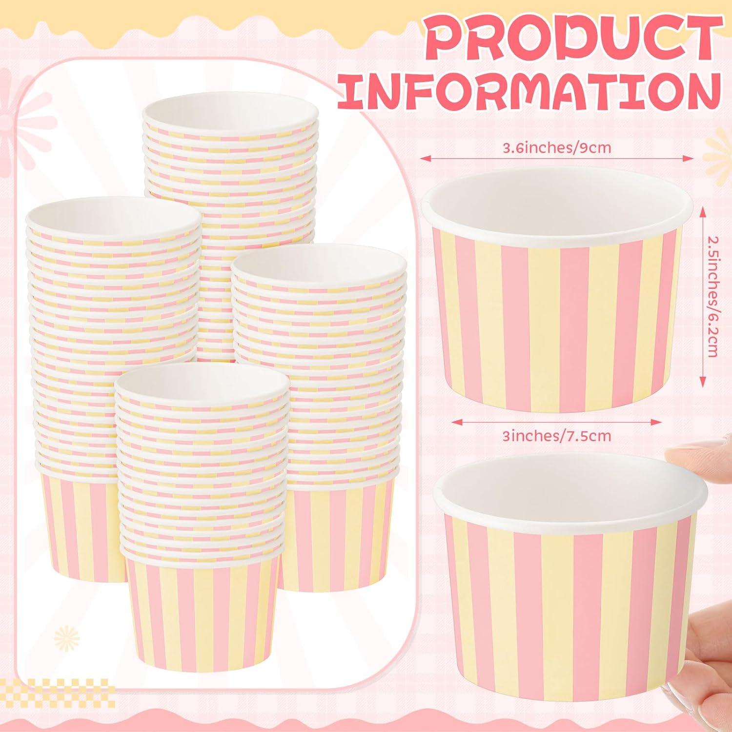 Zopeal 50 Count Pink and Cream Striped Ice Cream Cups Paper Dessert Bowls image 3