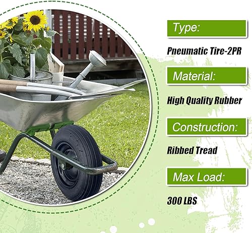 Miniatura 6 de Paquete de 2 neumáticos de carretilla de 14.5 pulgadas. Neumáticos y ruedas de 3.50-8 pulgadas con cubo central de 3 a 6 pulgadas y bujes de 34