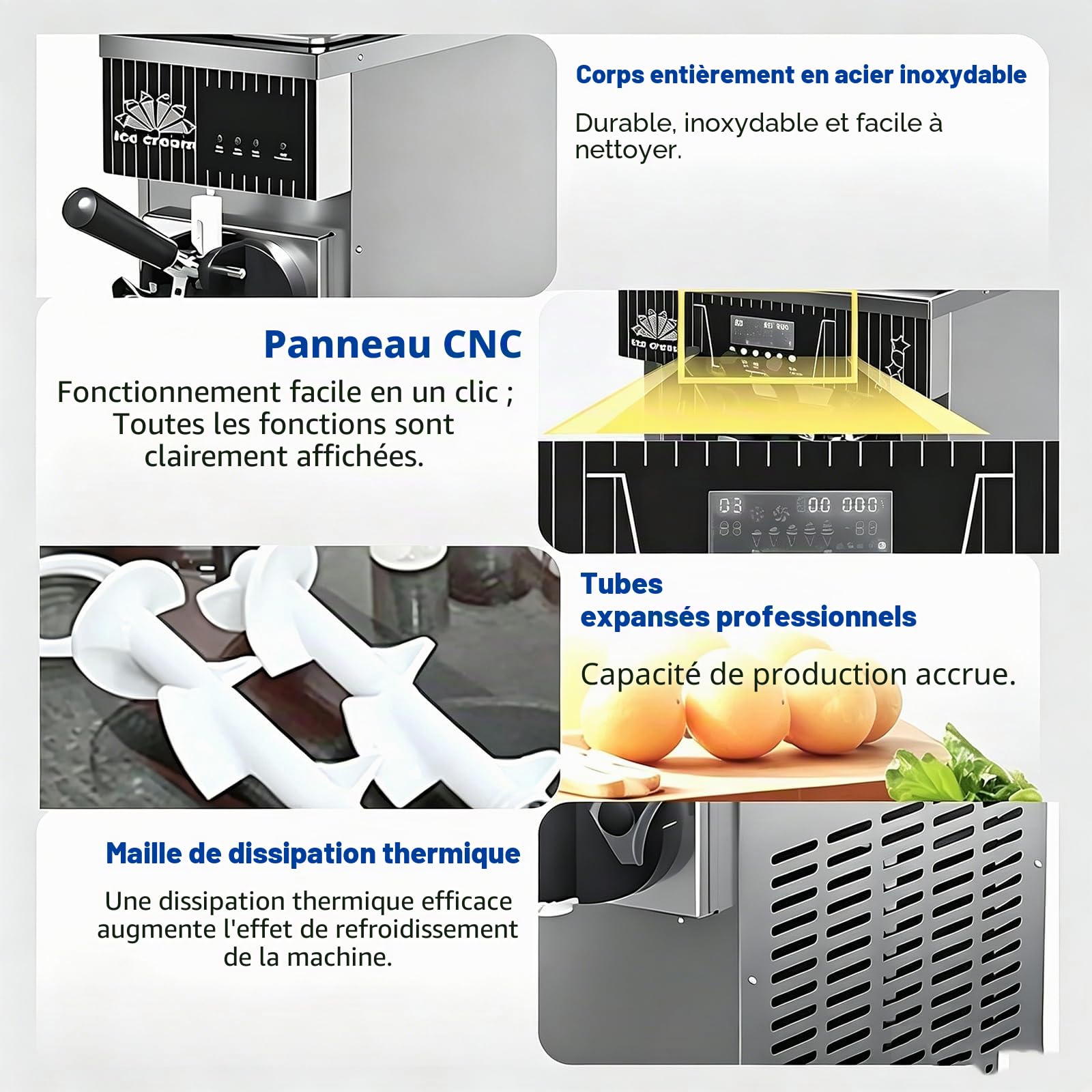 Machine Glace Italienne Maison,Machine Glace Italienne Comptoir, Rendement 4 à 5 Kg/H, Pré-Refroidissement,Nettoyage Automatique,écran LCD,Machine Glace Italienne pour Parfum Unique White