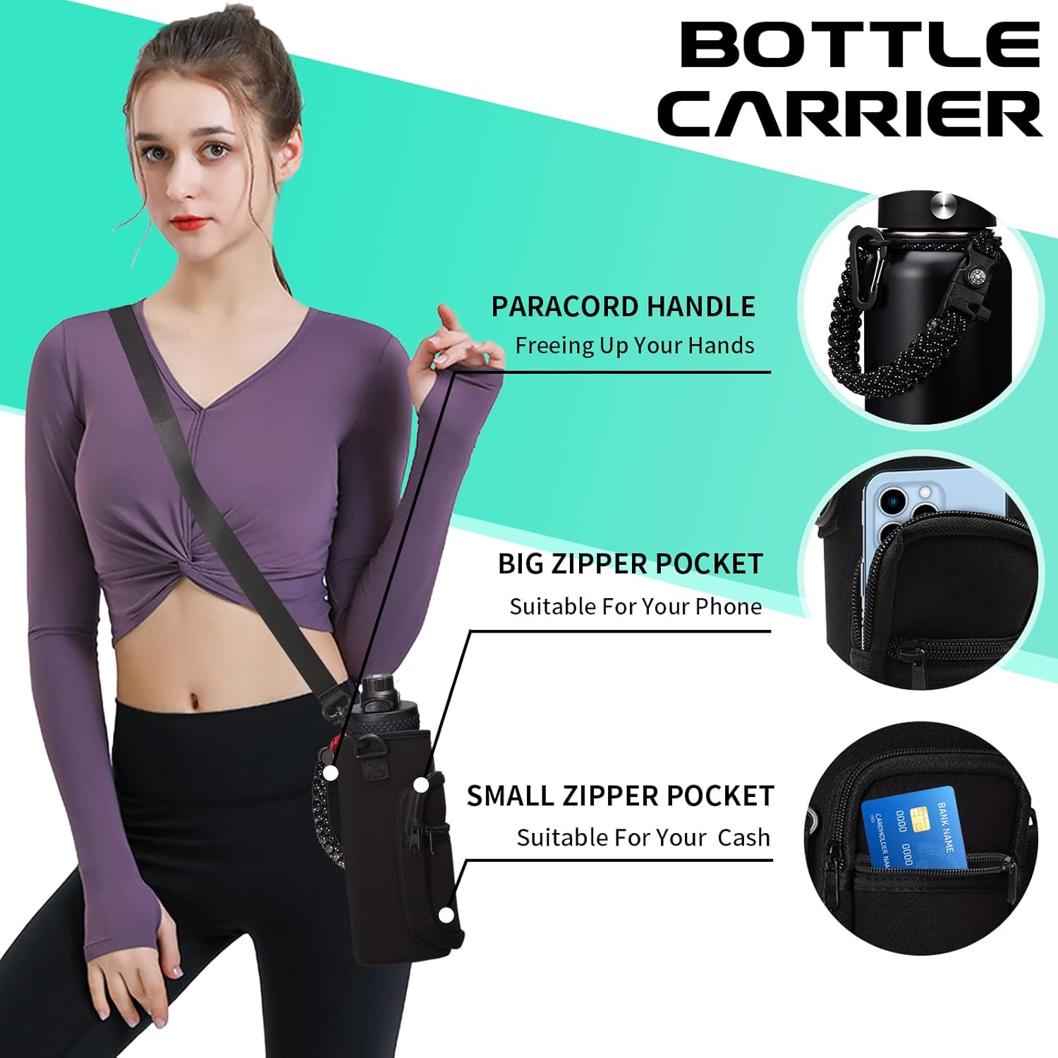 32-40-64OZ Stainless Steel Water Bottle - Black Water Bottle with Straw & Spout Lid, Paracord Handle & Bottle Sleeve, Insulated Vacuum Water Flask Double-Wall Metal Thermo Cup Canteen for Gym School - Image 7