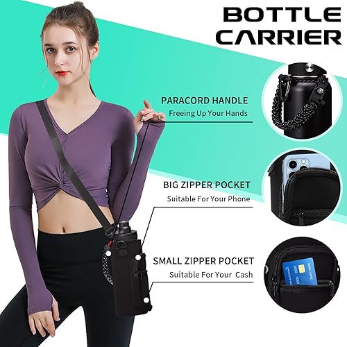 Miniatura 7 de Botella de agua de acero inoxidable de 32-40-64 oz - Botella de agua negra con pajita y tapa con pico, asa de paracord y funda para botella, termo