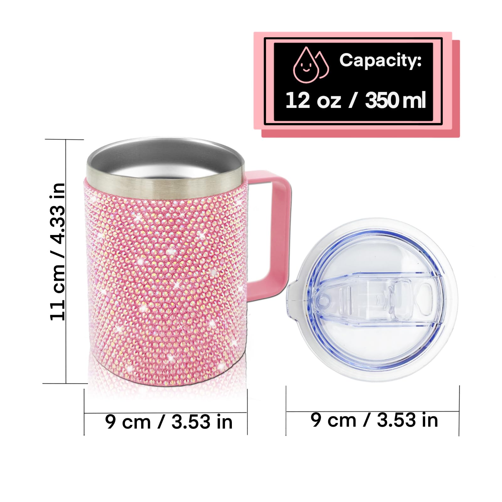 Taza de café de viaje de 12 onzas con asa y tapa, taza de café aislada con diamantes de imitación, de acero inoxidable, reutilizable, con purpurina, taza térmica para el hogar y la oficina