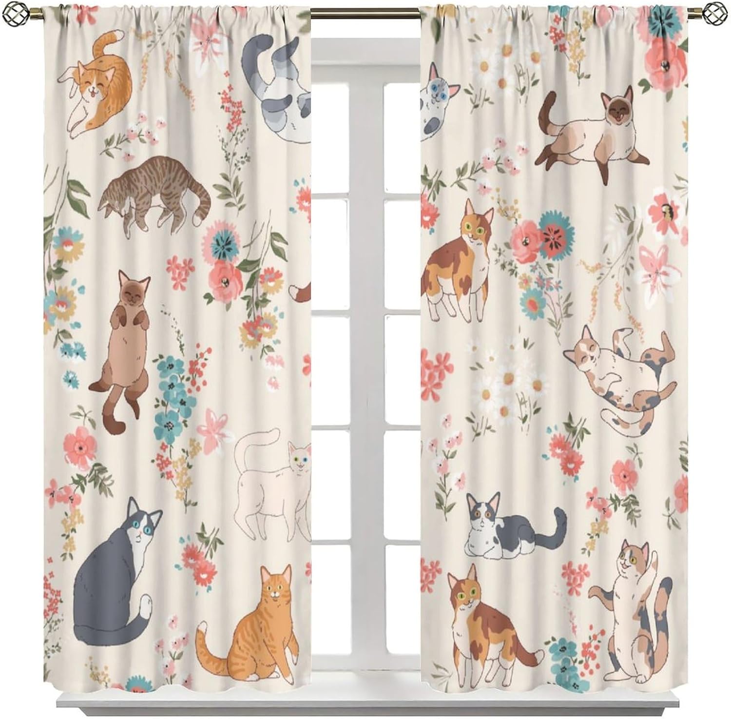 Cat Decor Curtains for Windows, Cute Funny Kawaii Floral Kitten Watercolor Colorful Flower Patterned Country Drapery for Home Kitchen Restaurant Decoration Window Drapes 2Panel 41"W X 53"L