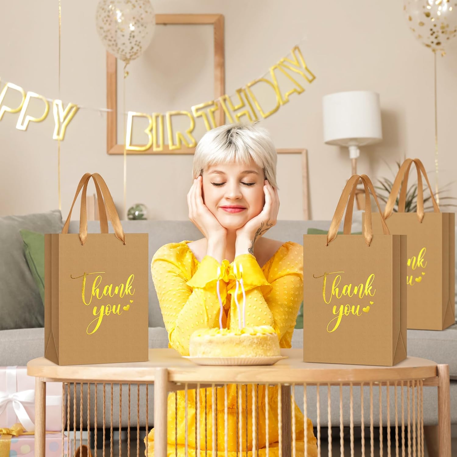 Kolldenn 16 Pcs Thank You Gift Bags with Handle Wrap Bags Bulk Totes for Birthdays Business Wedding Baby Shower Party Favors (10.63 x 8.27 x 3.94 Inches, Kraft) - Image 6