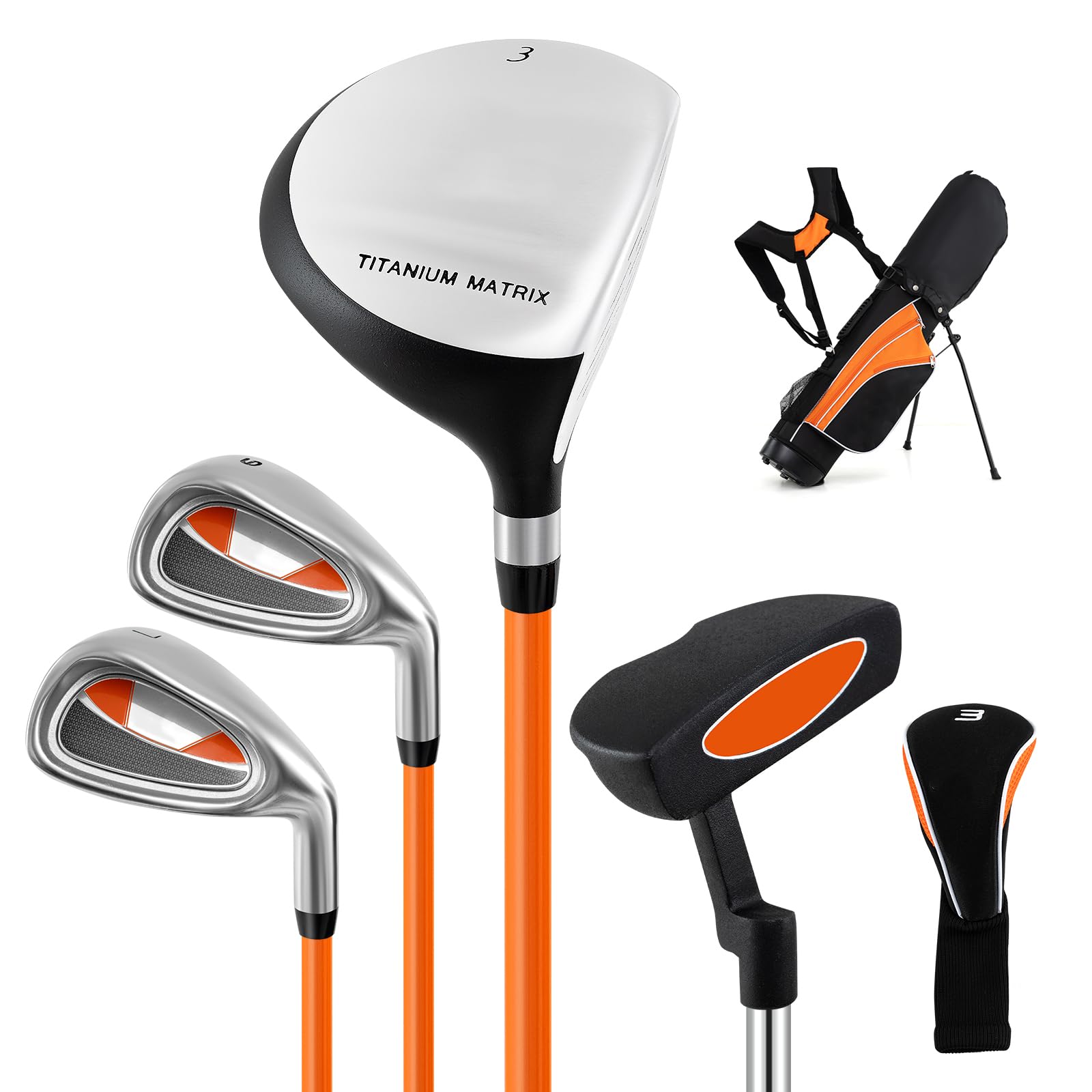 GYMAX Junior Kids Golf Club Set, Boys & Girls Right Hand Complete Golf Clubs Set with Bag, 3# Fairway Wood, 7# & 9# Irons, Putter and Head Cover, Youth Beginners Practice Pole (8-10 Years Old, Orange) — image 1