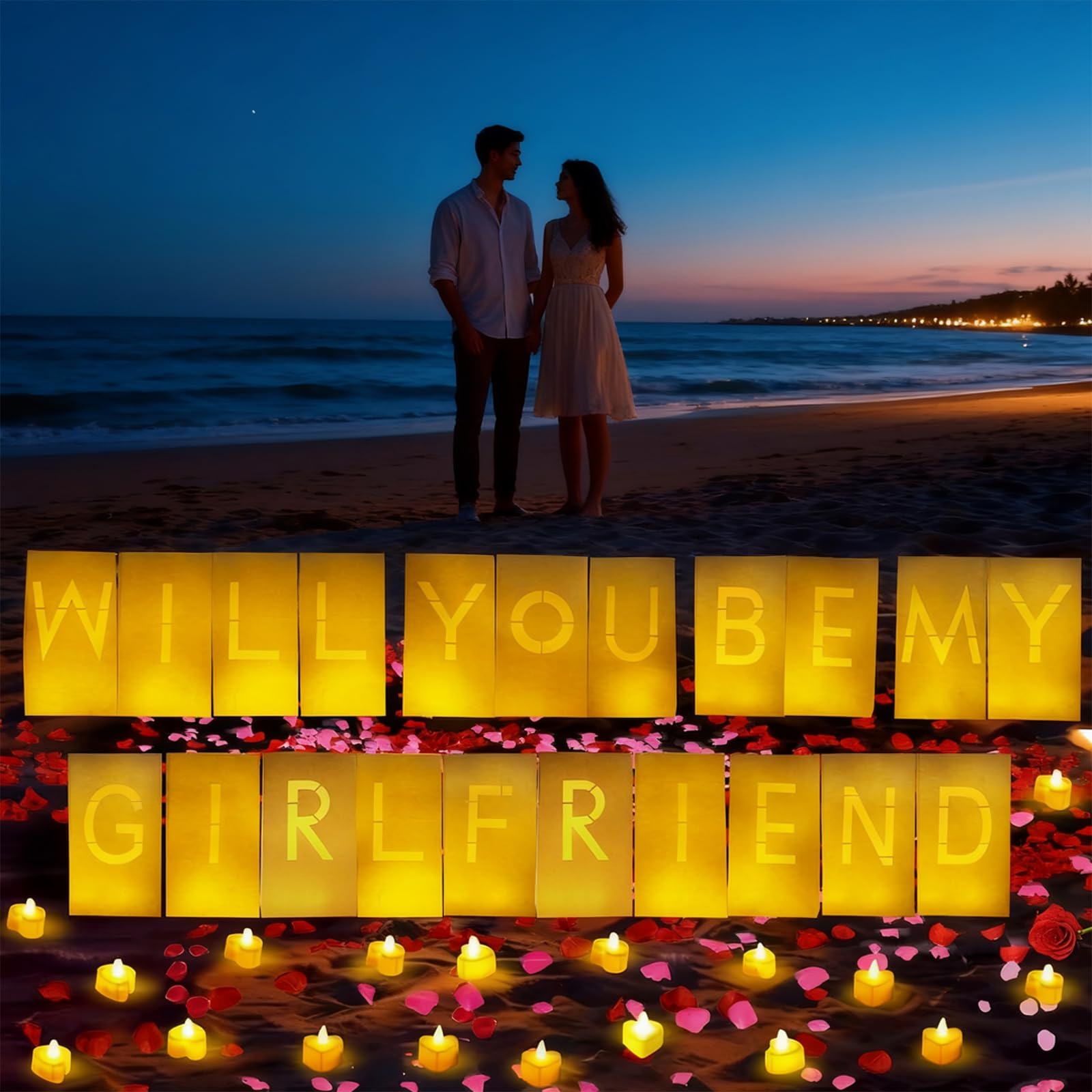 Dekoracje z napisem "Will You Be My Girlfriend" – zestaw niespodzianek z świecącymi literami, 30 świecami na podgrzewacze, 2000 płatków róż, 10 balonów – torebki świetlne do romantycznej aranżacji (W)