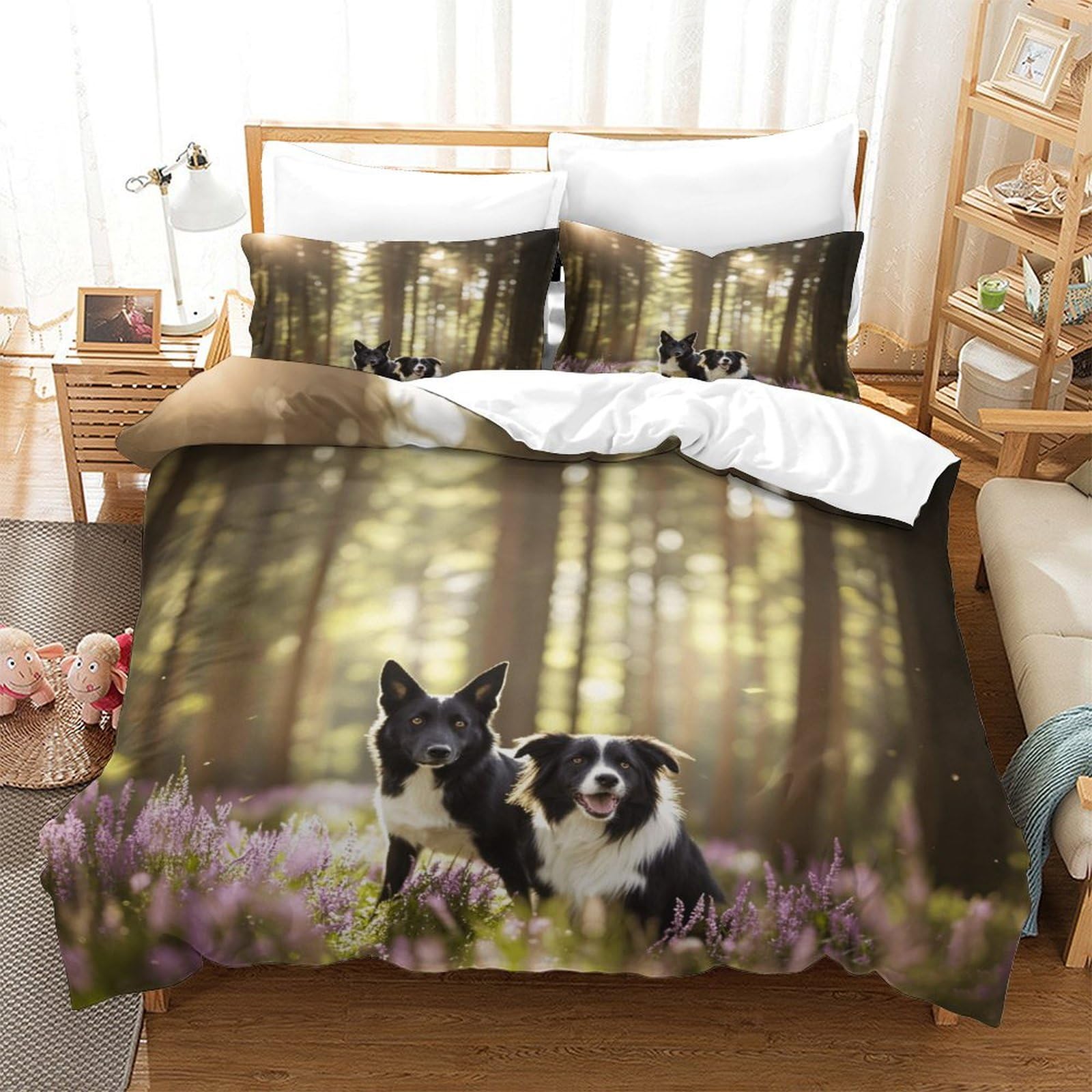LILIlaobiao Sheepdog Warmth Bedding Set Hidden Zipper Duvet Cover Set with Pillowcases Border Collie Quilt Cover Set Soft Microfiber Comforter Cover Various Sizes for Kids Adults Double（200x200cm）