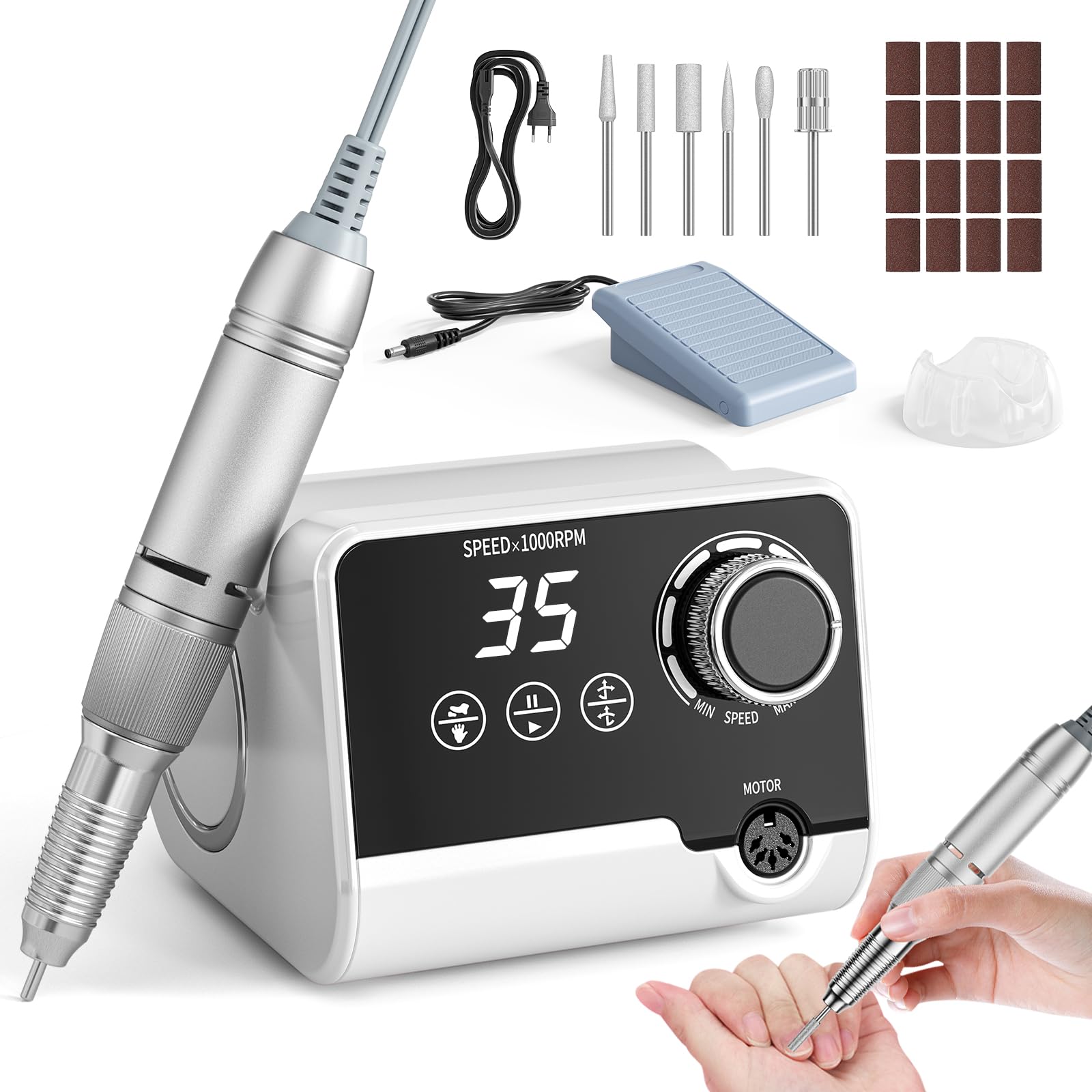 Profesjonalna elektryczna frezarka do paznokci, 35 000 obr./min, zestaw do manicure, pedicure z 6 frezami, wyświetlacz LED do paznokci żelowych i akrylowych, do użytku domowego i salonów paznokci