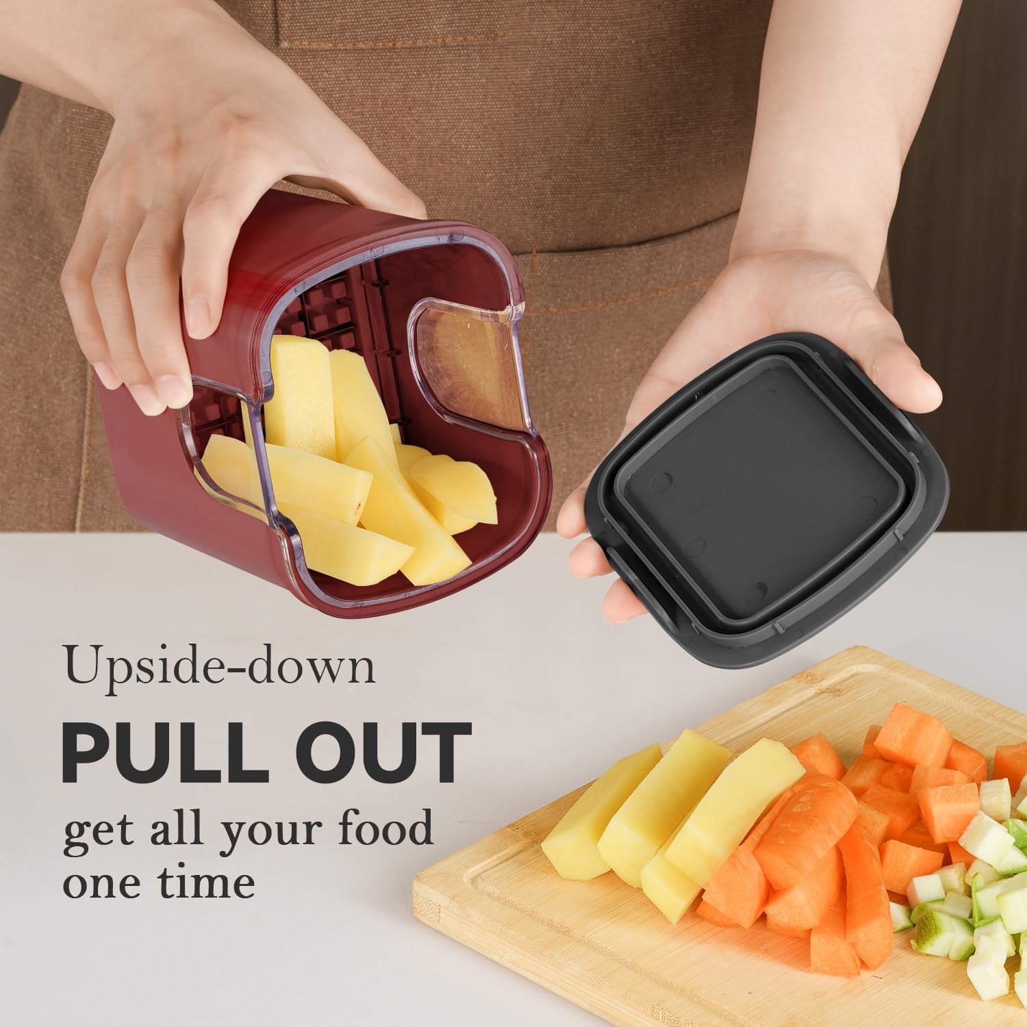 Picador multifuncional de verduras, color rojo, 3 cuchillas intercambiables, cortador de papas fritas con recipiente y caja de almacenamiento, picador de alimentos para pepino, tomate 5